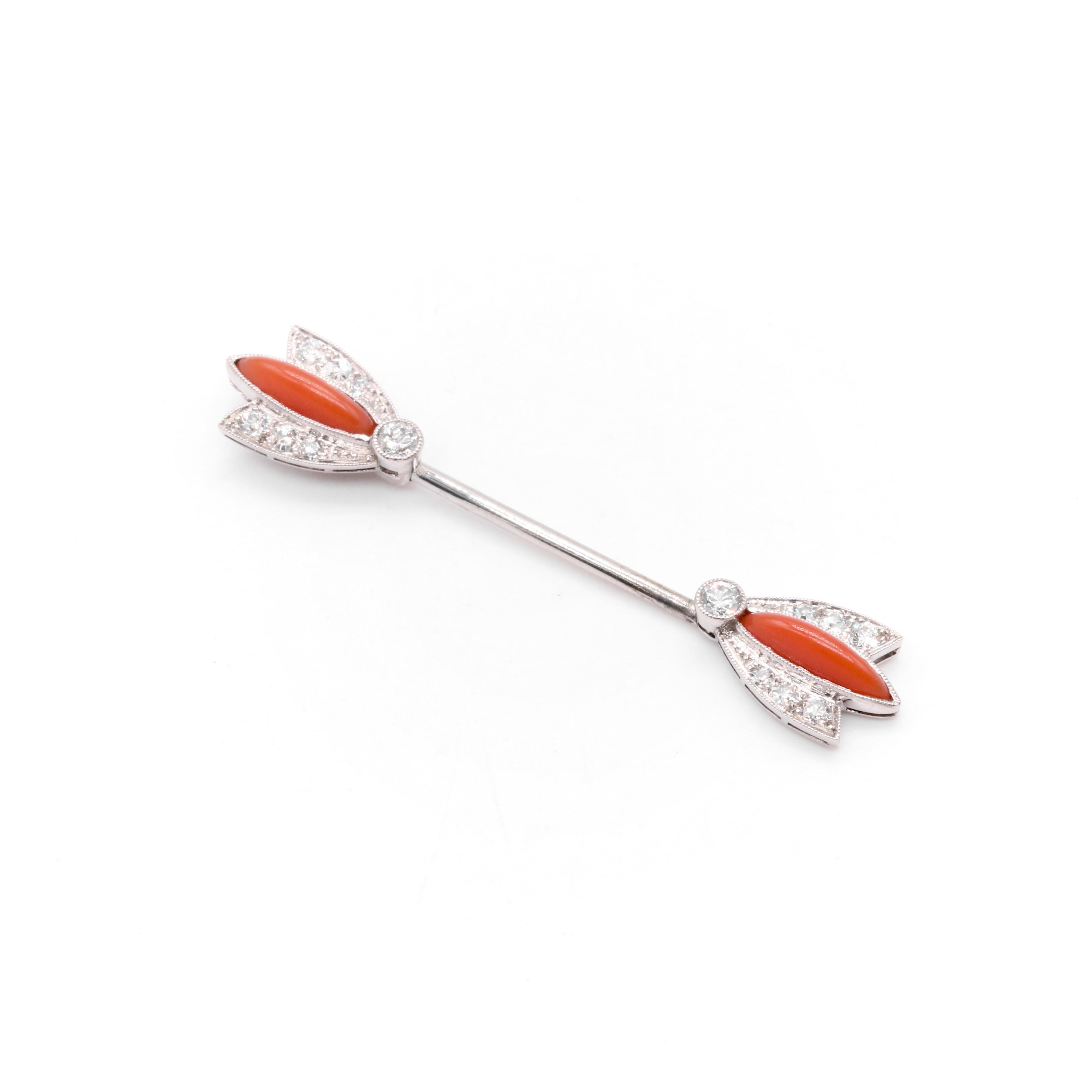 Women's or Men's Art Deco 1920s Platinum Coral and Transitional Cut Diamond Jabot Pin For Sale