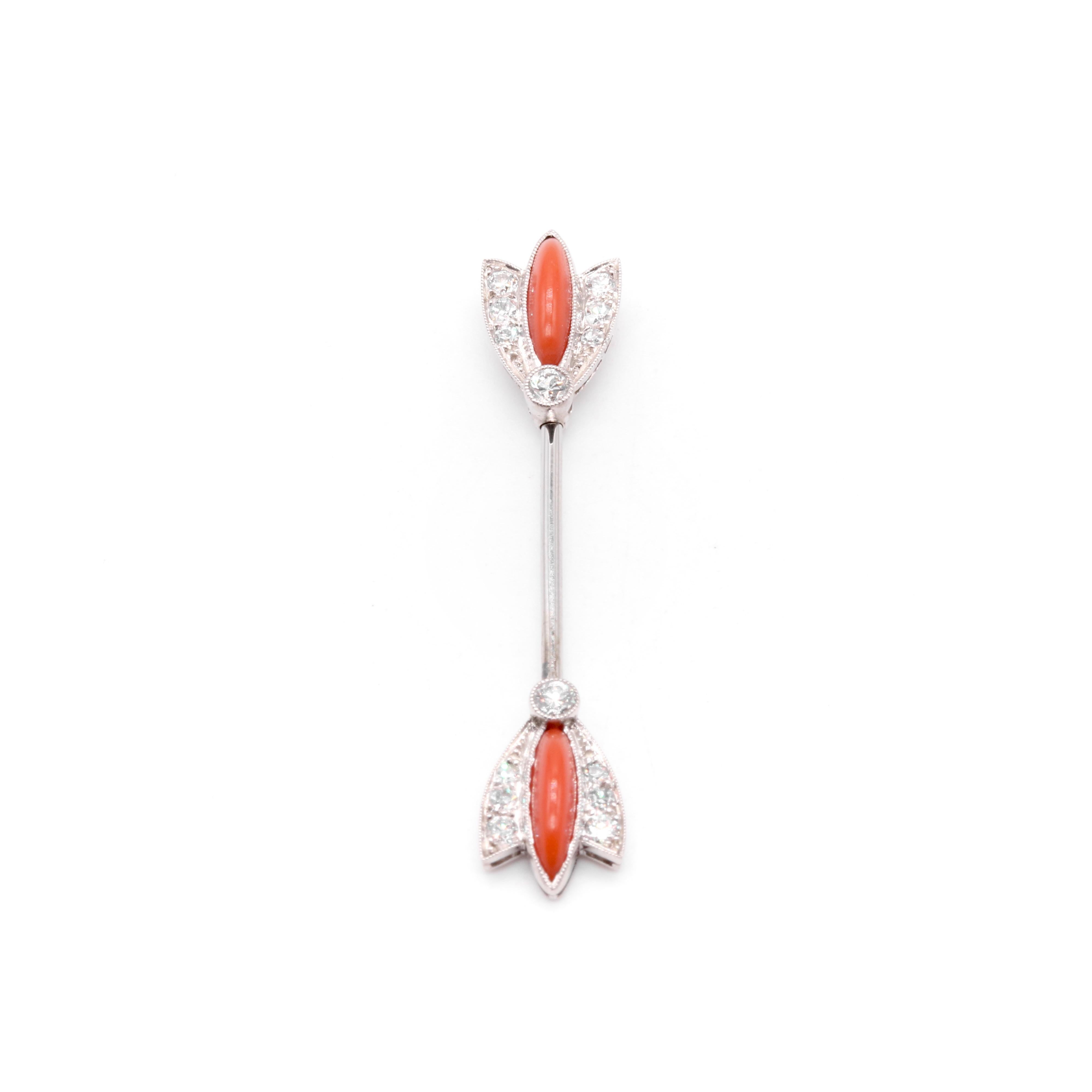 Art Deco 1920s Platinum Coral and Transitional Cut Diamond Jabot Pin For Sale 1