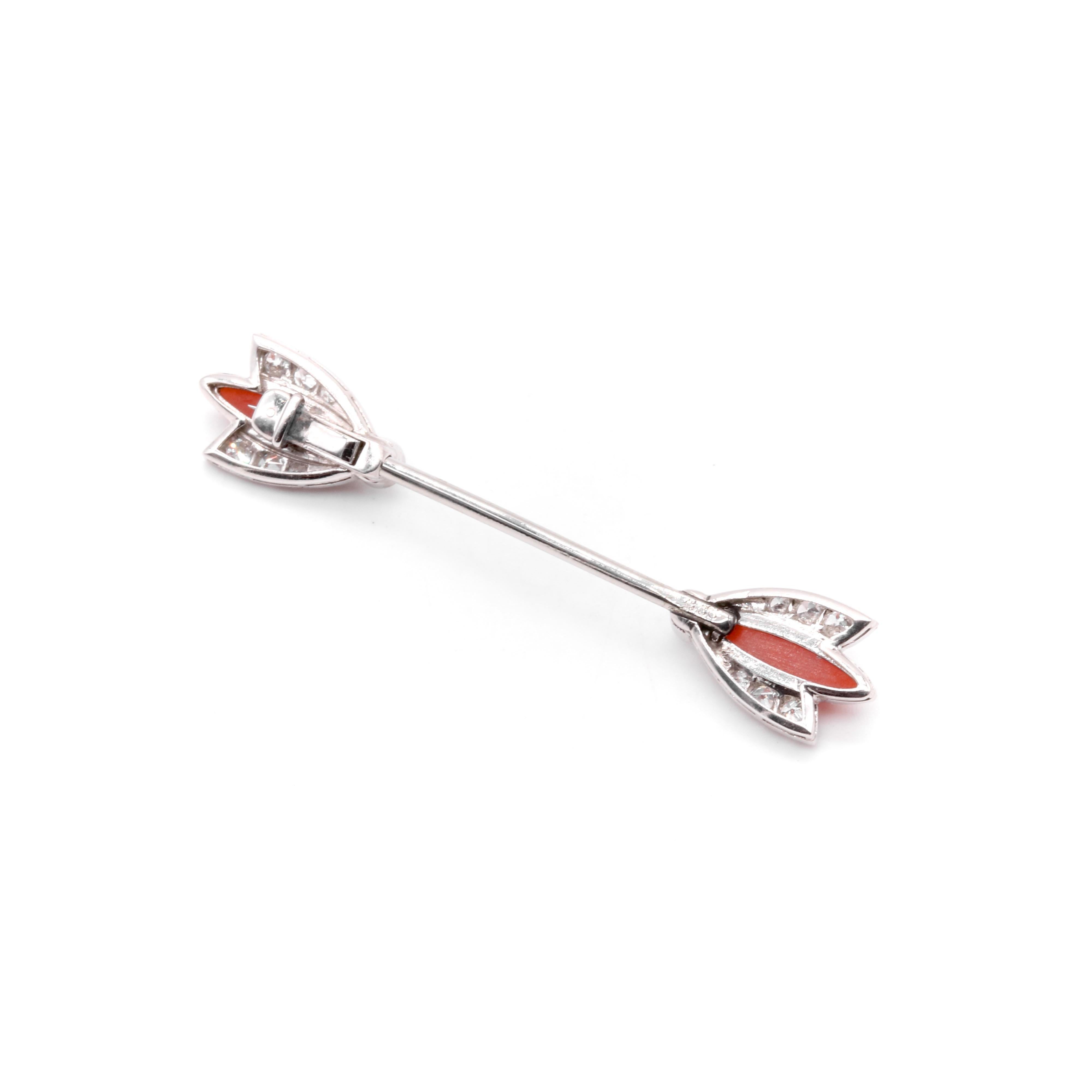 Art Deco 1920s Platinum Coral and Transitional Cut Diamond Jabot Pin For Sale 4