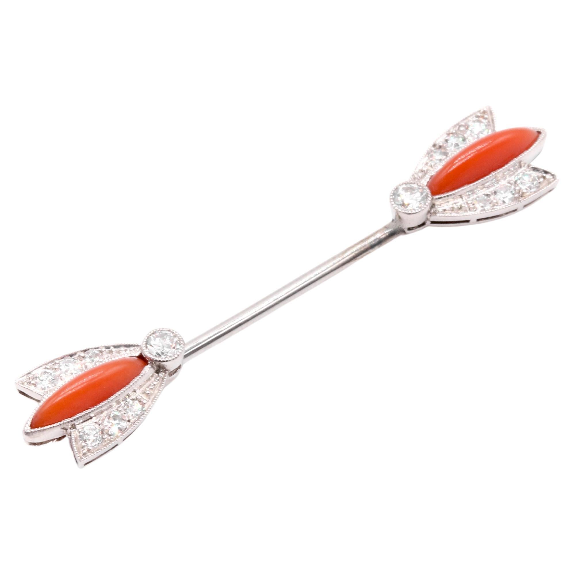Art Deco 1920s Platinum Coral and Transitional Cut Diamond Jabot Pin For Sale