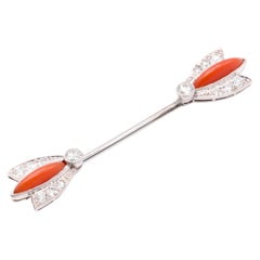 Art Deco 1920s Platinum Coral and Transitional Cut Diamond Jabot Pin