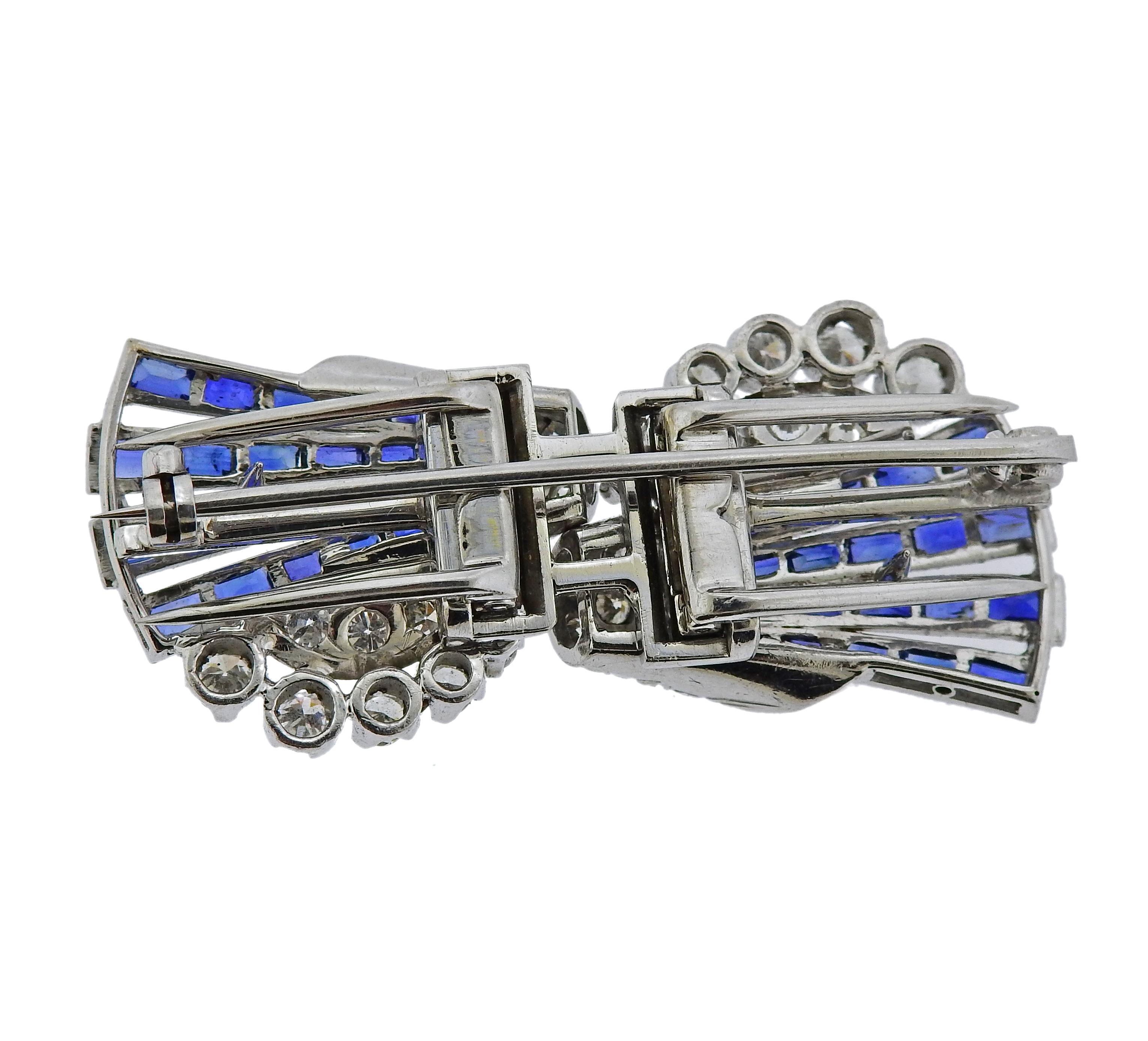 Art Deco 1920s Platinum Diamond Sapphire Brooch Clip Set In Excellent Condition In New York, NY