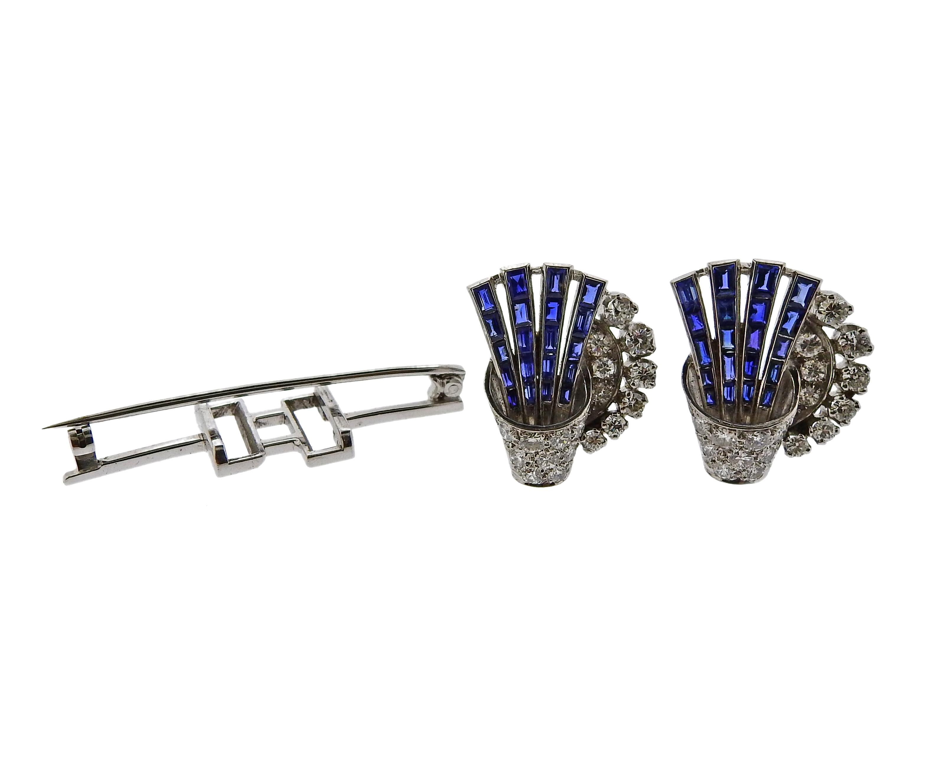 Women's Art Deco 1920s Platinum Diamond Sapphire Brooch Clip Set