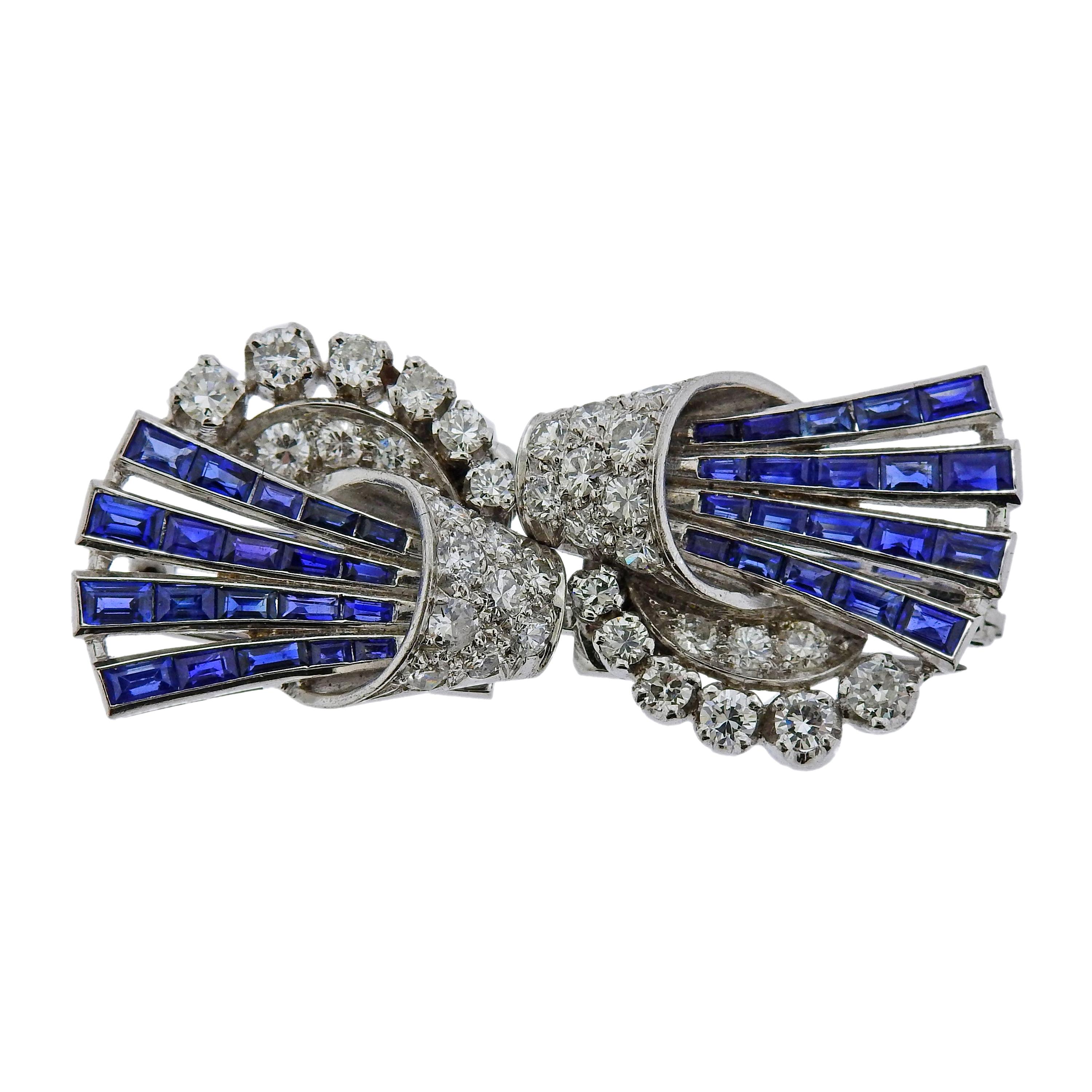 Art Deco 1920s Platinum Diamond Sapphire Brooch Clip Set