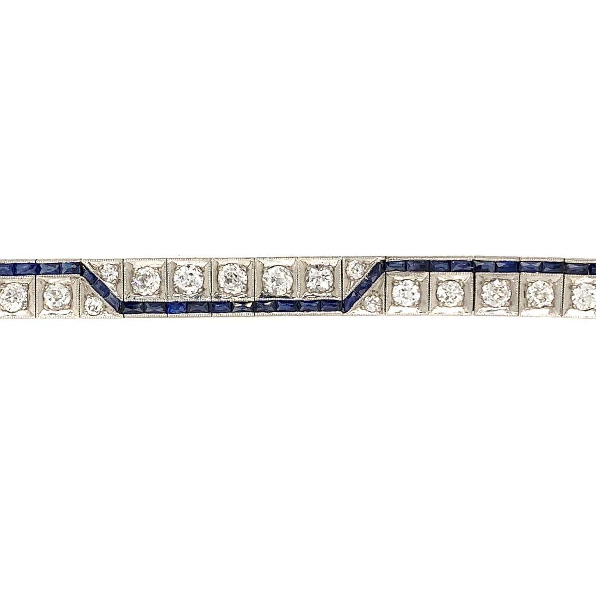 Art Deco 1920s Platinum Diamond Synthetic Sapphire Bracelet In Excellent Condition For Sale In New York, NY