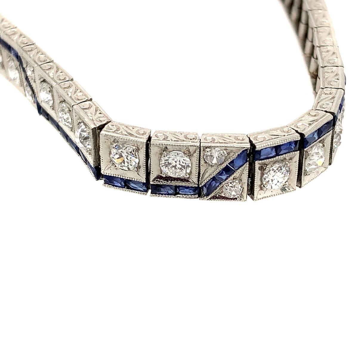 Women's Art Deco 1920s Platinum Diamond Synthetic Sapphire Bracelet For Sale