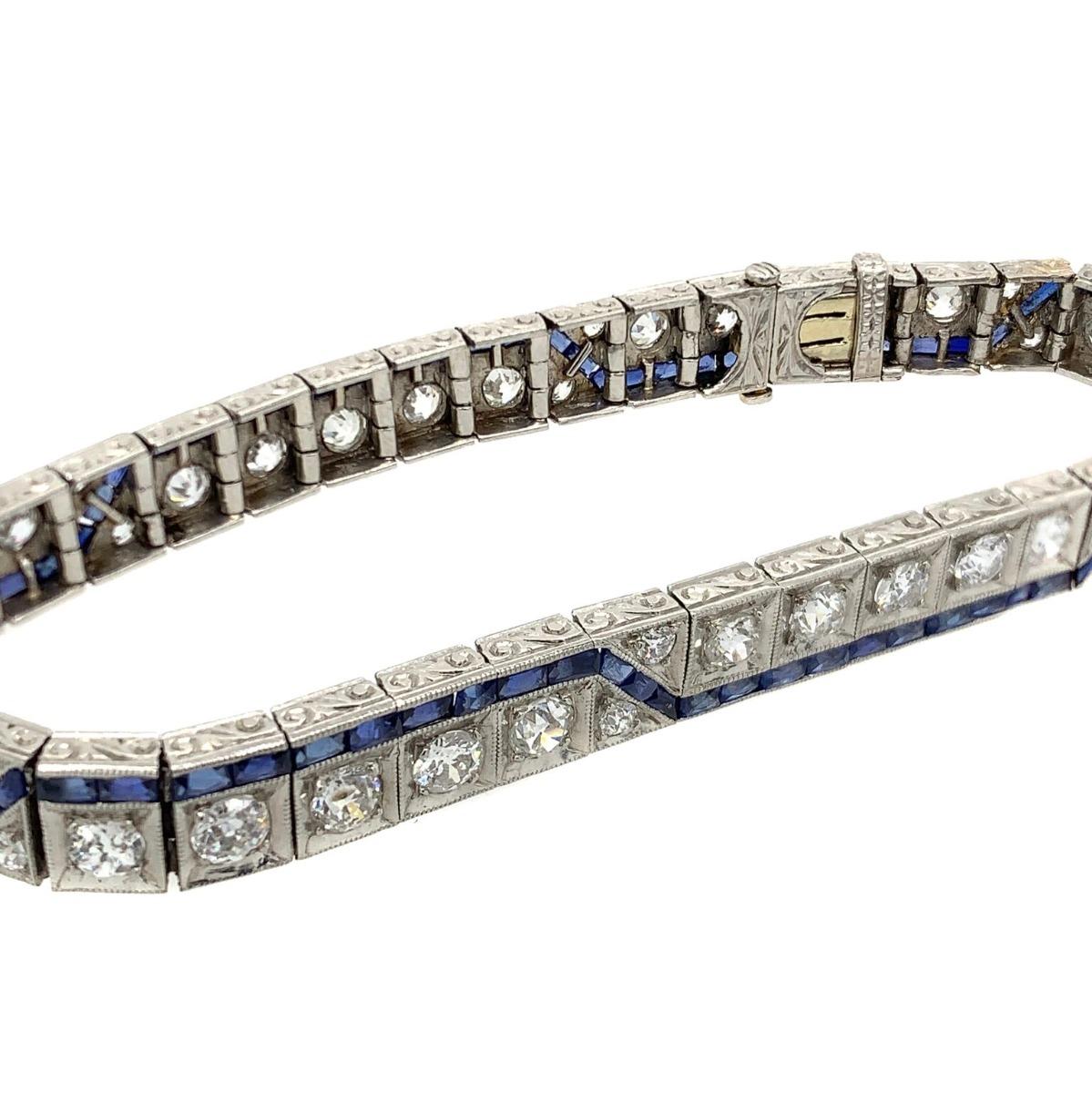 Art Deco 1920s Platinum Diamond Synthetic Sapphire Bracelet For Sale 1