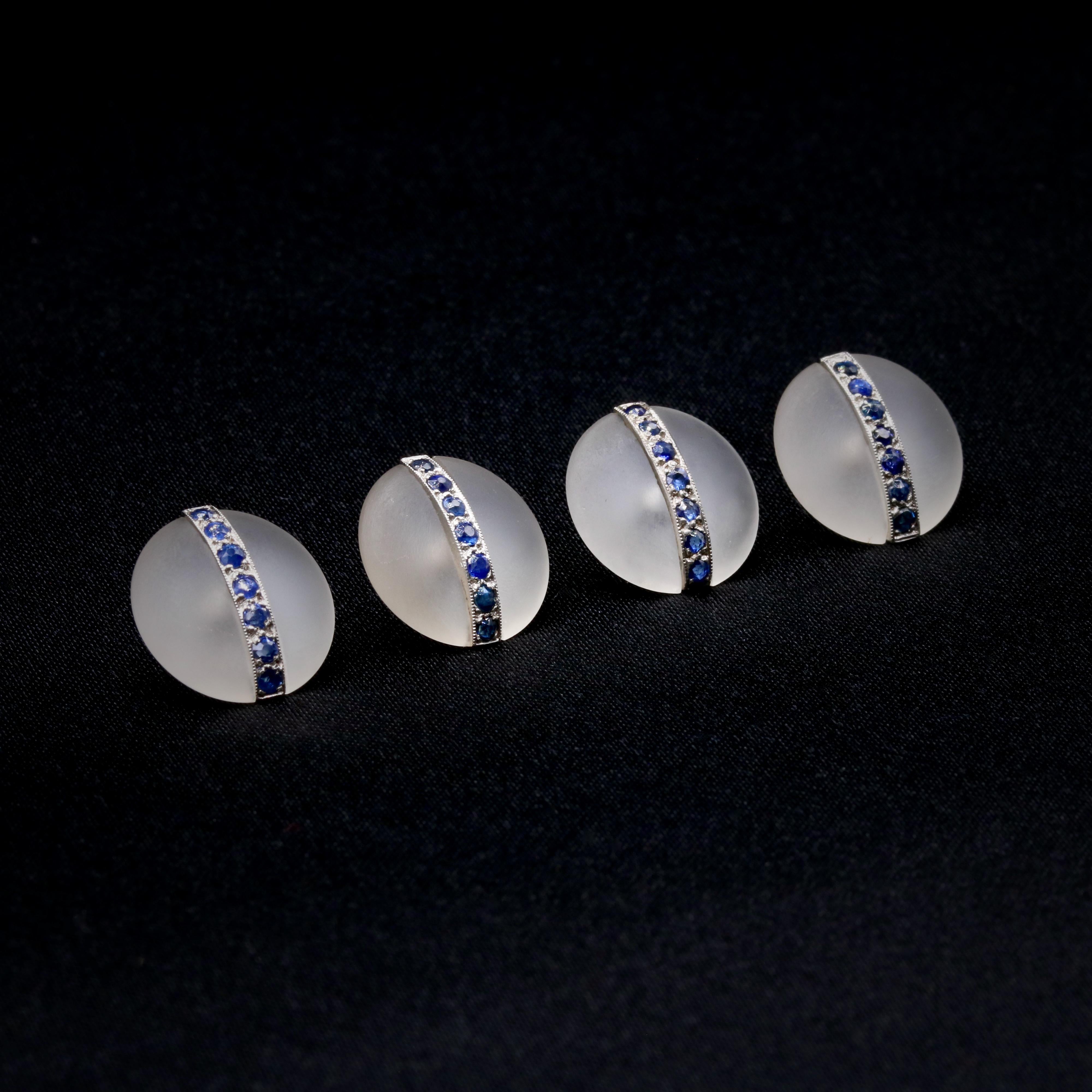 Round Cut Art Deco 1920s Platinum Frosted Rock Crystal and Sapphire Dress Stud Set For Sale