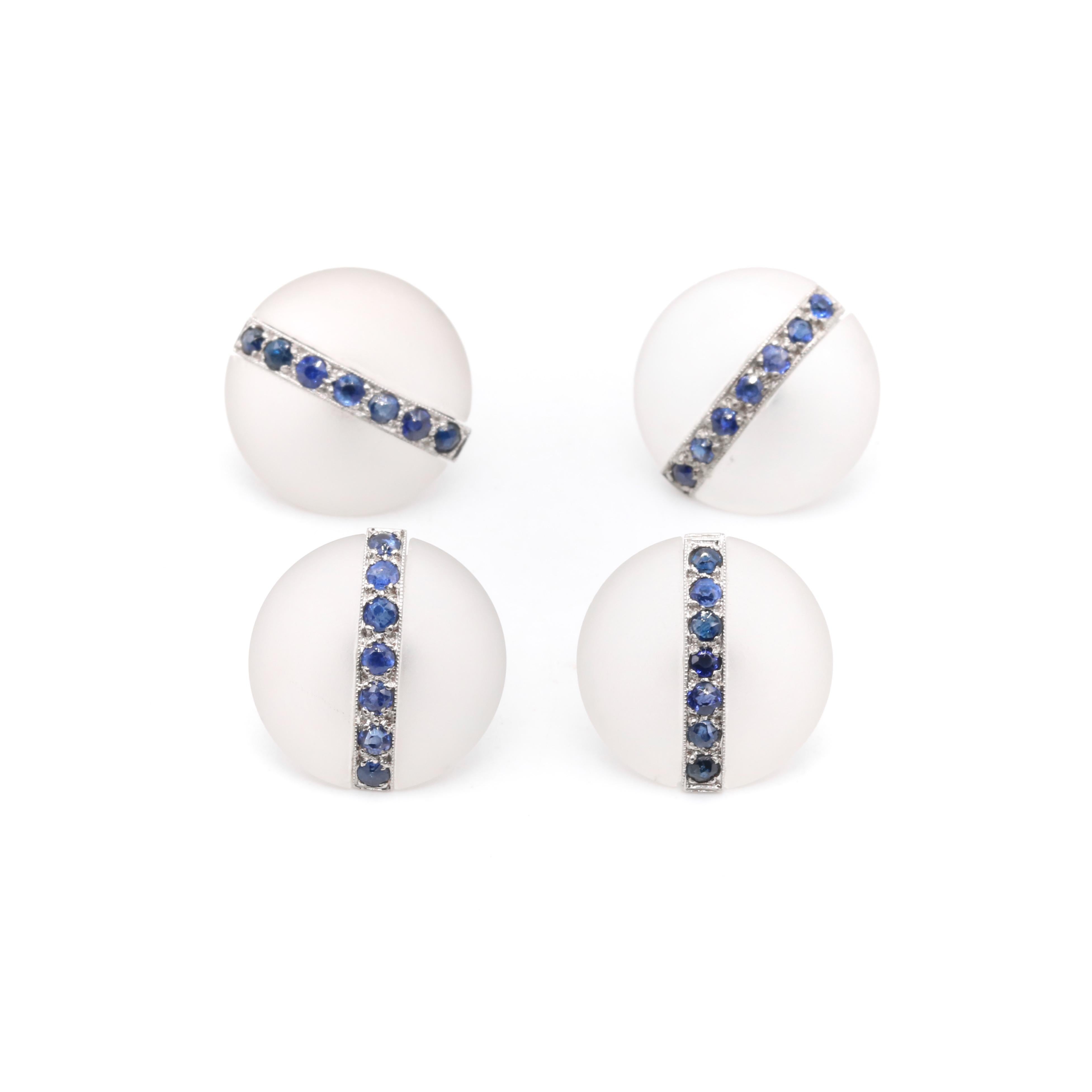 Art Deco 1920s Platinum Frosted Rock Crystal and Sapphire Dress Stud Set For Sale 1