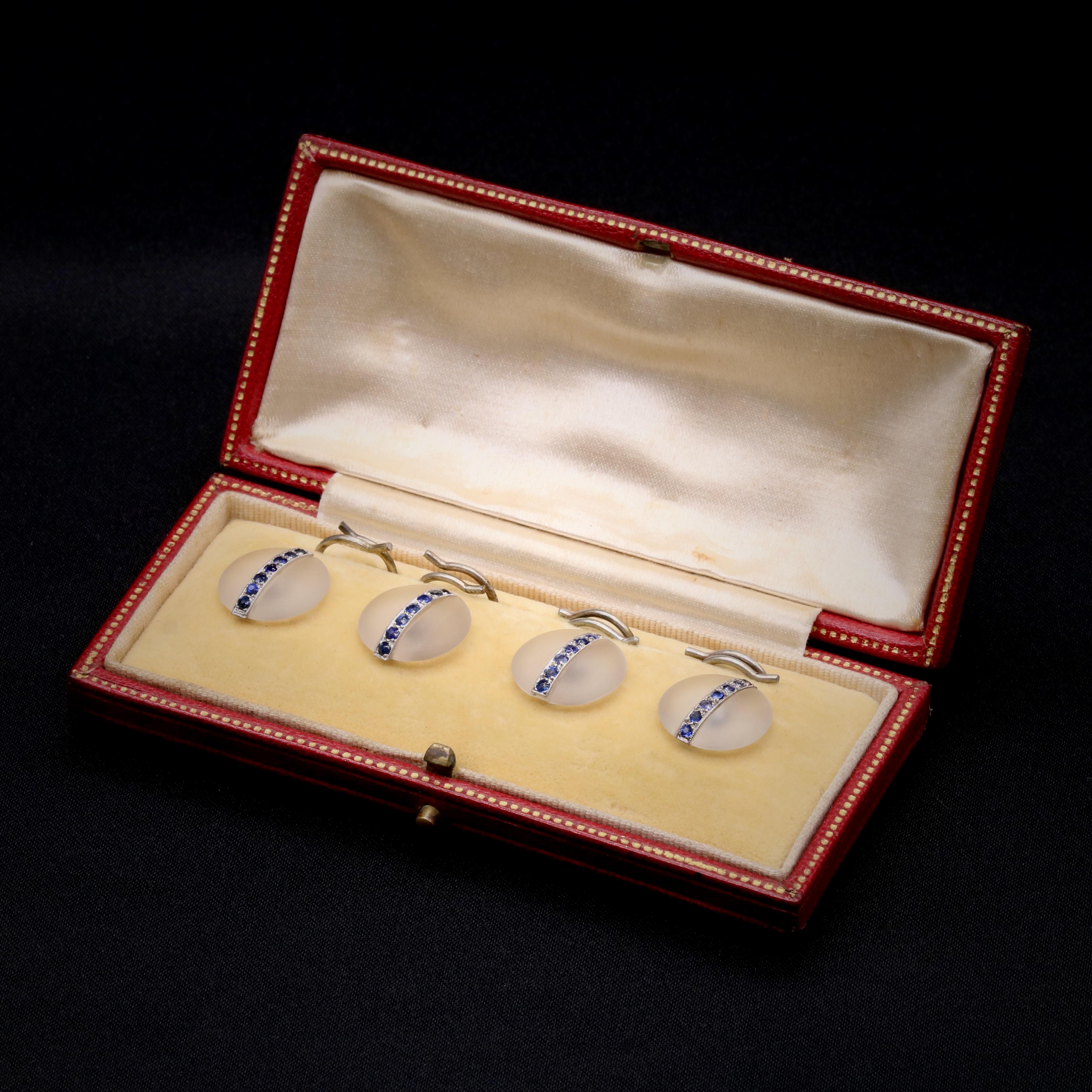 Art Deco 1920s Platinum Frosted Rock Crystal and Sapphire Dress Stud Set For Sale 4