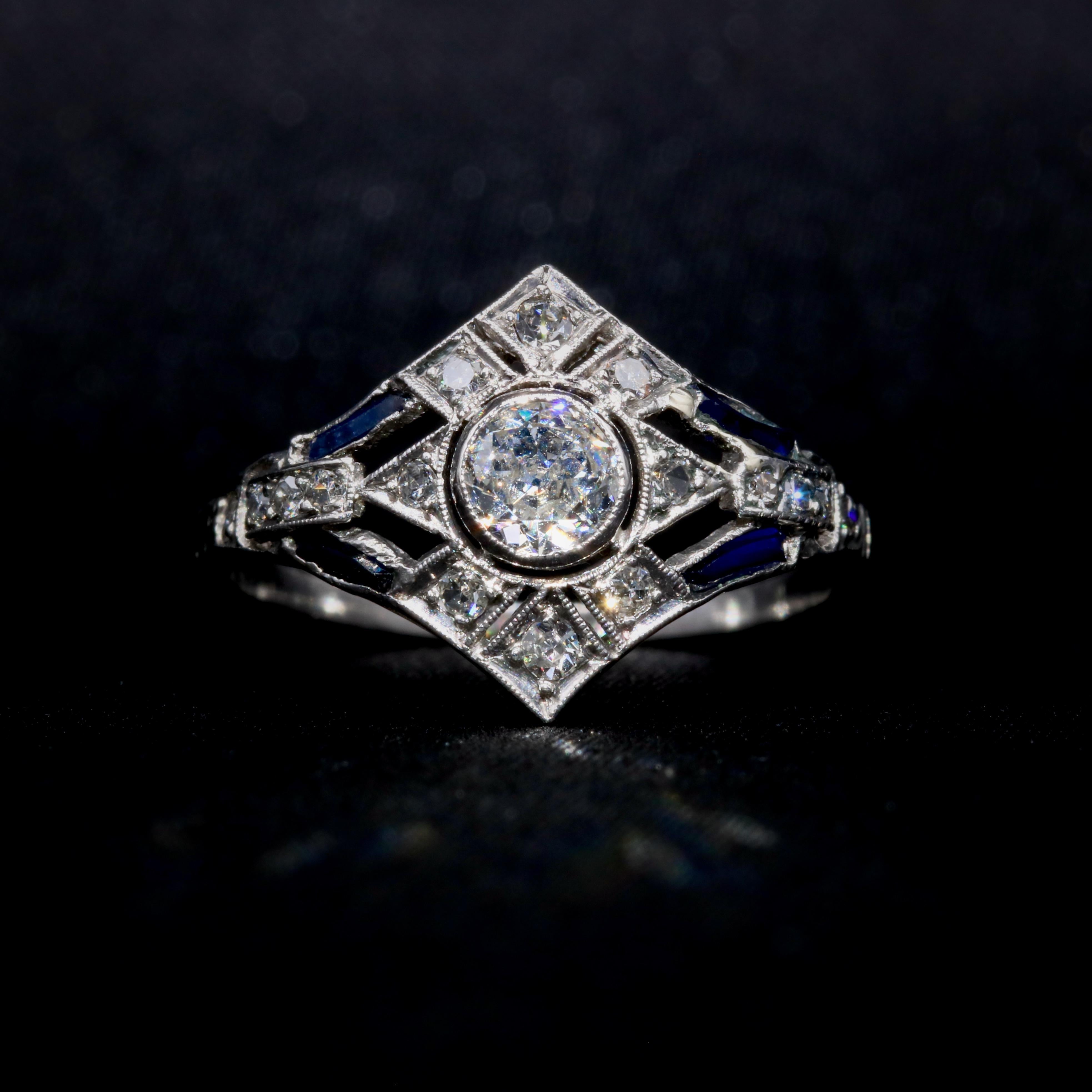 Old European Cut Art Deco 1920s Platinum Old Cut Diamond and Sapphire Openwork Panel Ring For Sale