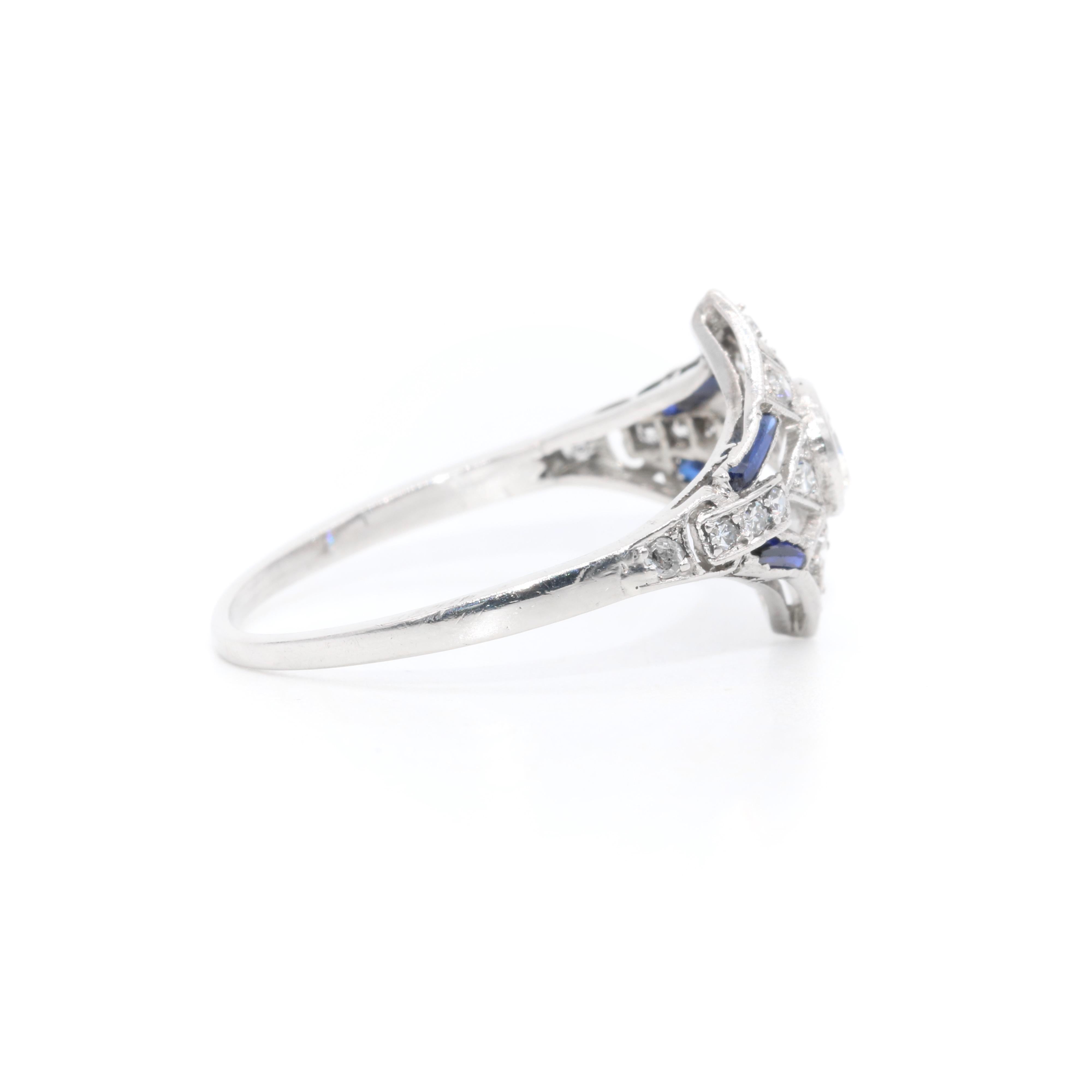 Art Deco 1920s Platinum Old Cut Diamond and Sapphire Openwork Panel Ring For Sale 1
