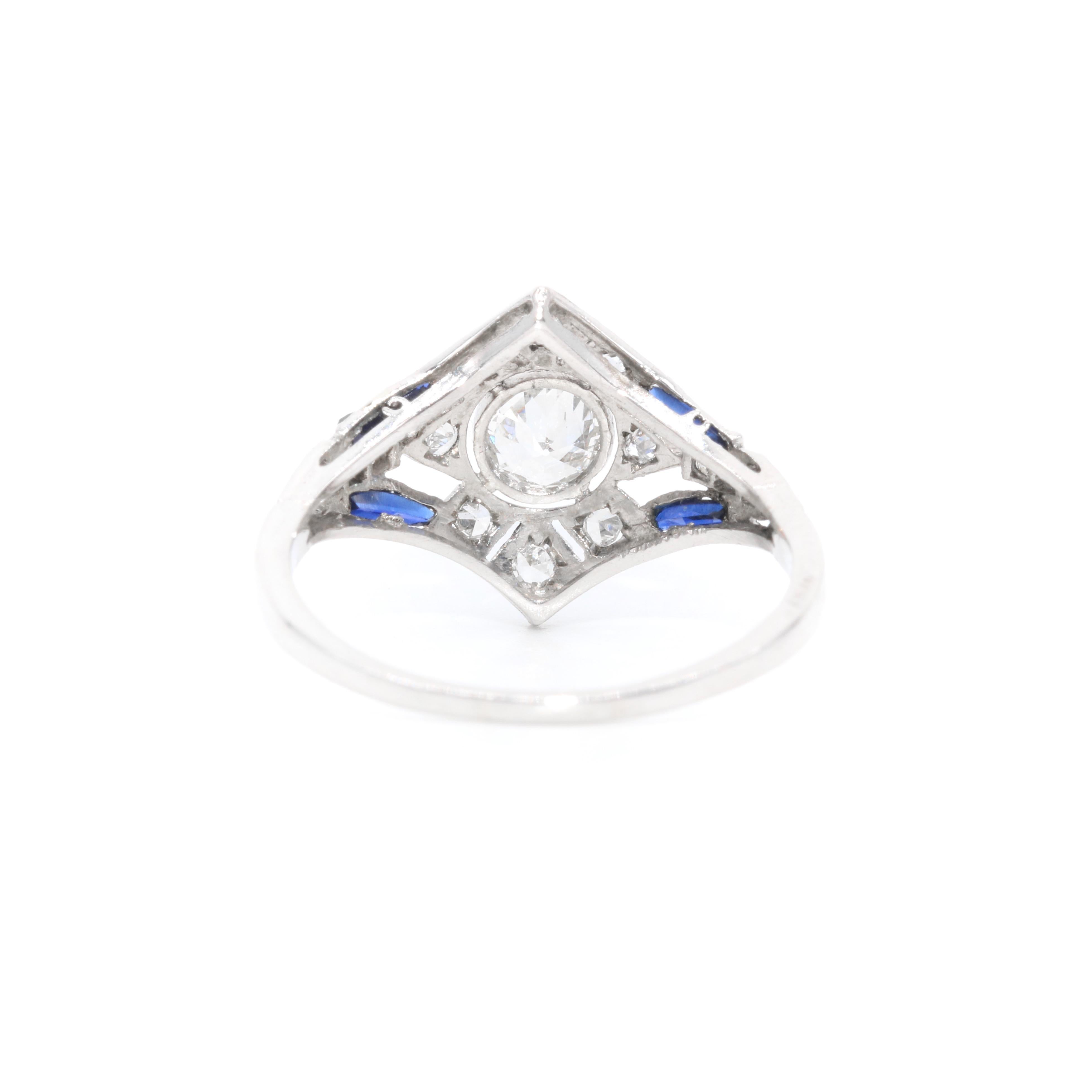 Art Deco 1920s Platinum Old Cut Diamond and Sapphire Openwork Panel Ring For Sale 2