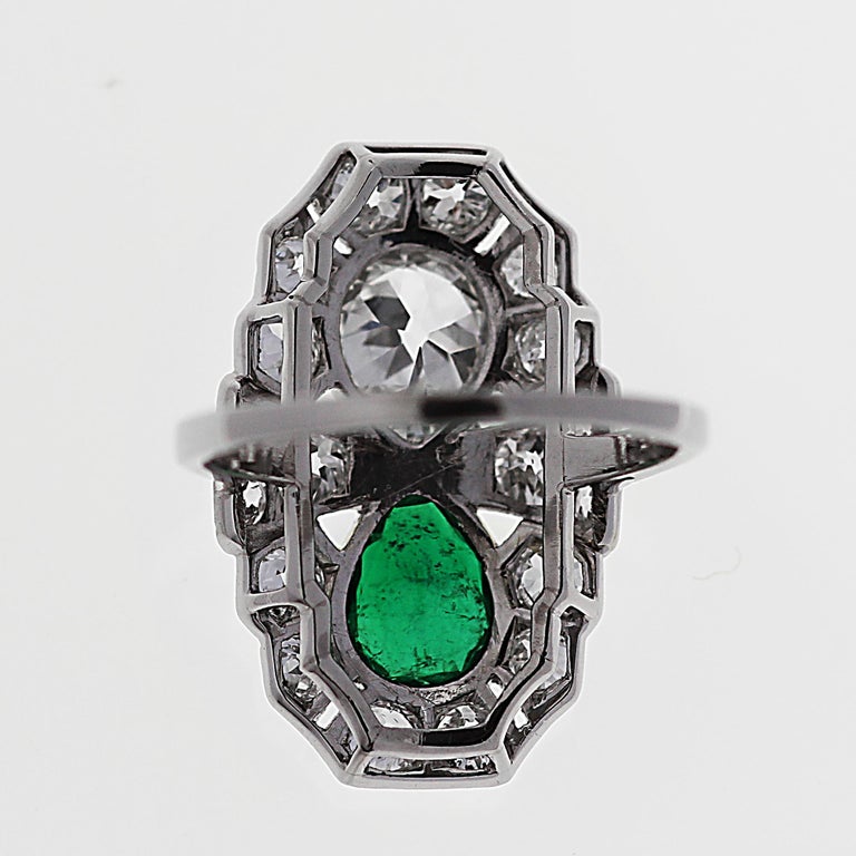Art Deco Art-Deco Emerald & Diamond Ring, Pear Shaped, set in Platinum For Sale