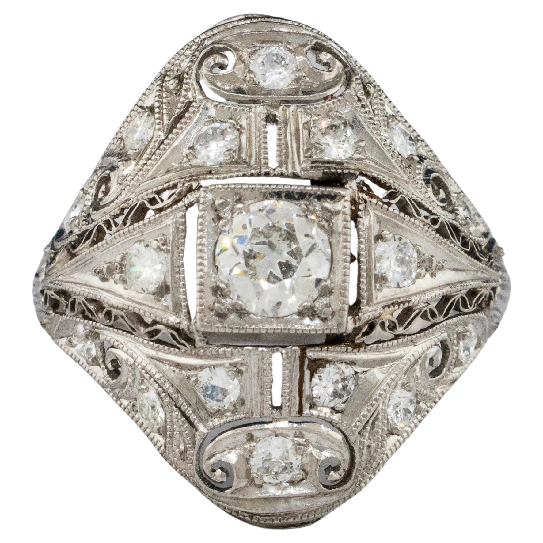 Art Deco 1920's Platinum Ring with Filigree and Old European Cut Diamonds