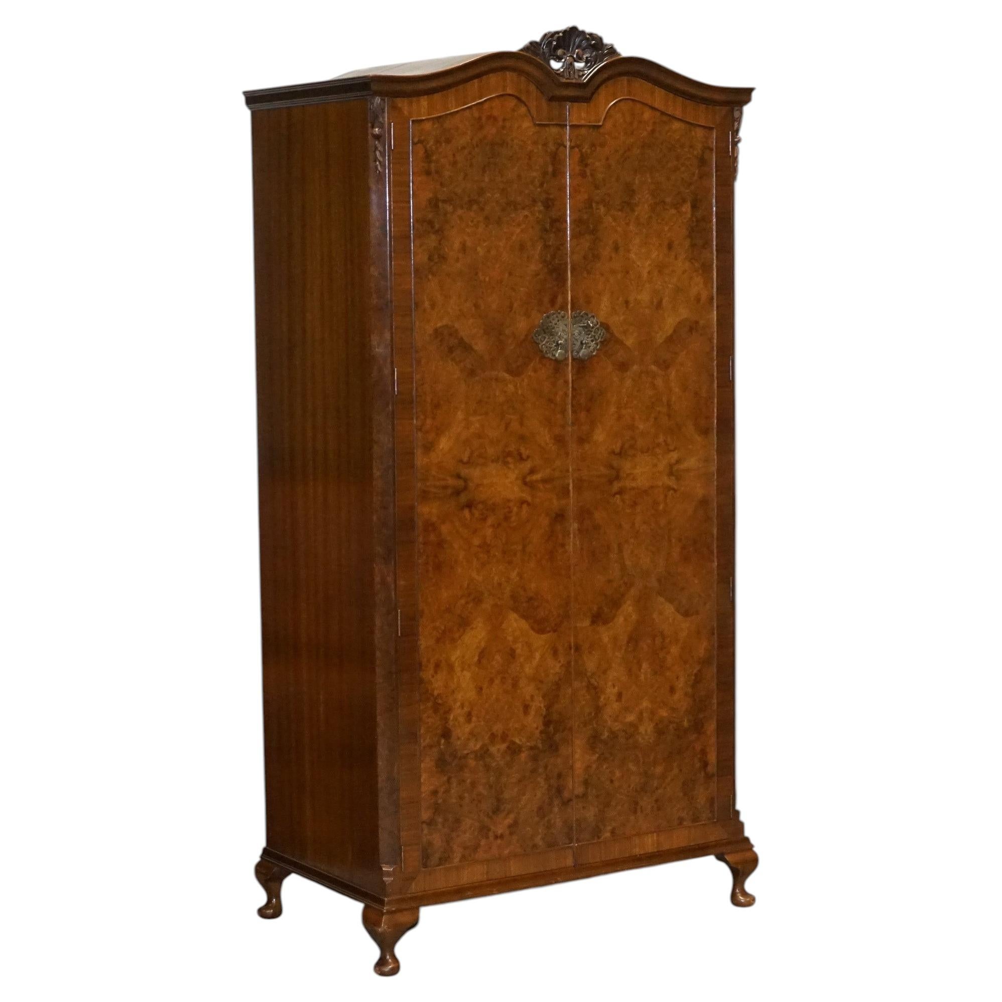 ART DECO 1920'S QUEEN ANNE ENGLiSH BURR WALNUT TWO DOOR WARDROBE For Sale