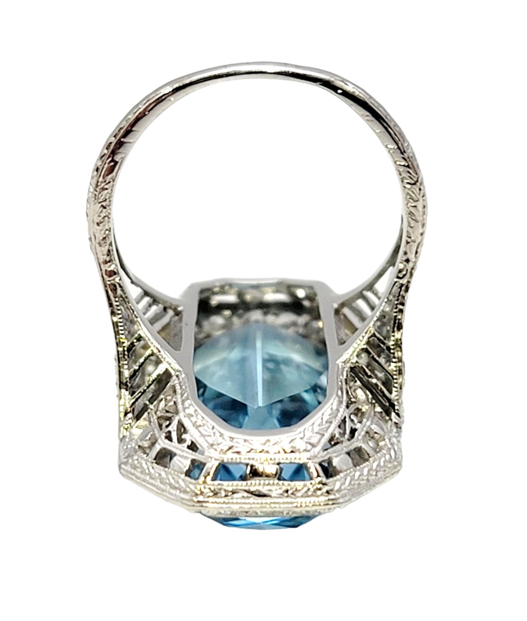 Art Deco 1920s Radiant Cut Aquamarine and Diamond Cocktail Ring in Platinum 6