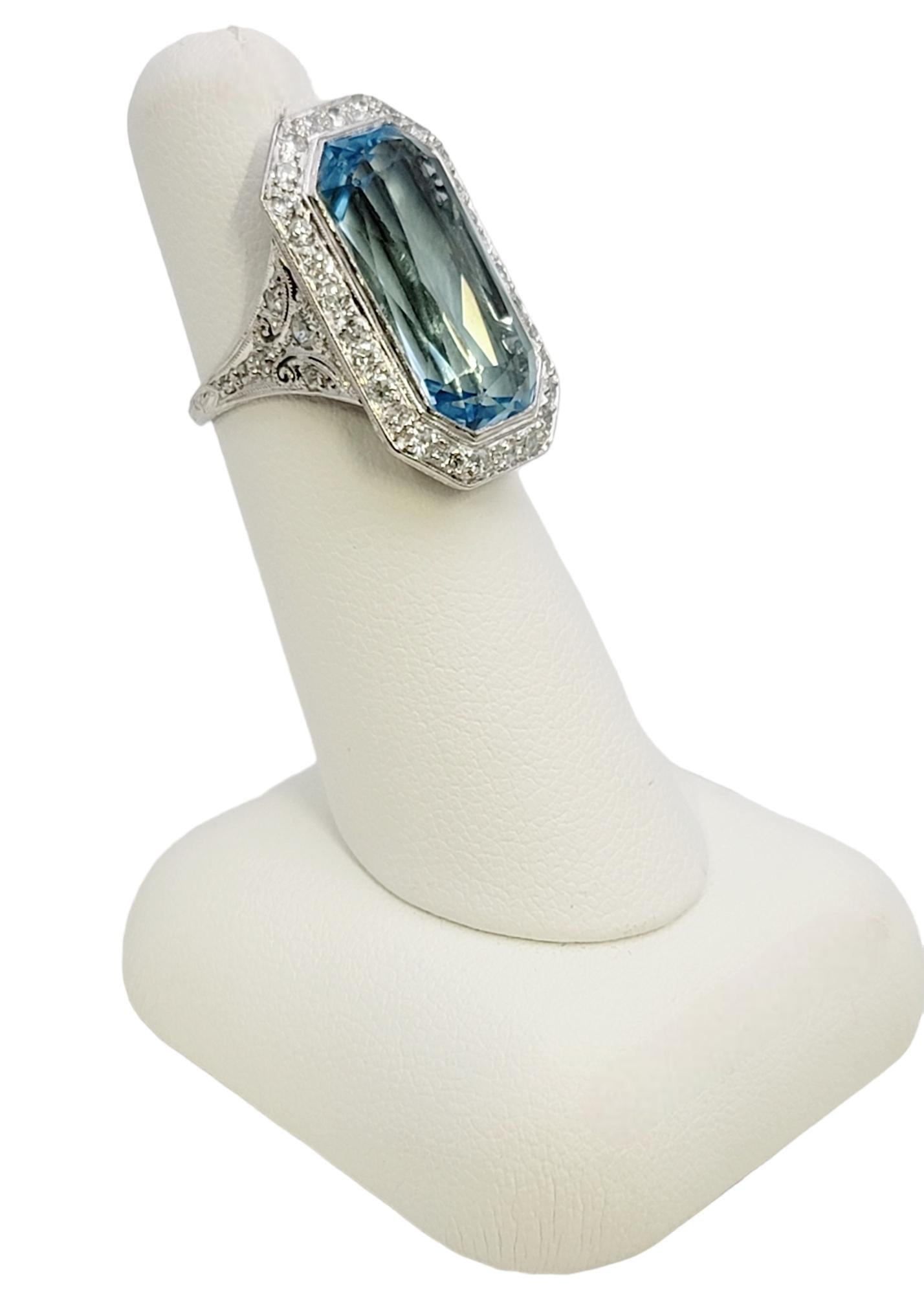 Art Deco 1920s Radiant Cut Aquamarine and Diamond Cocktail Ring in Platinum 12