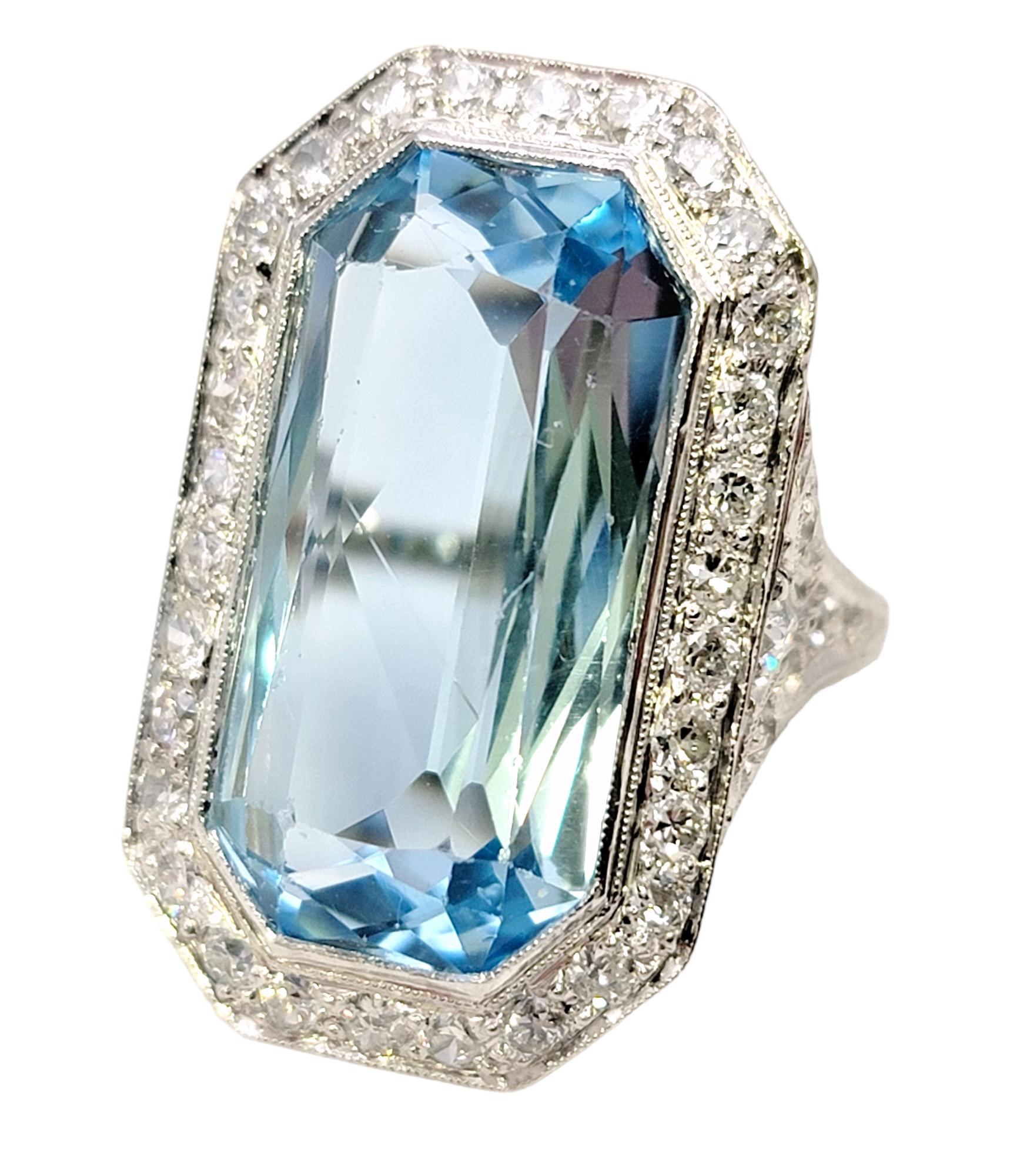 Ring size: 5

This exquisite vintage aquamarine and diamond cocktail ring is an absolute treasure. The dreamy light blue stone radiates on the finger while the glittering diamonds shimmer throughout, making the entire piece glow. 

This marvelous