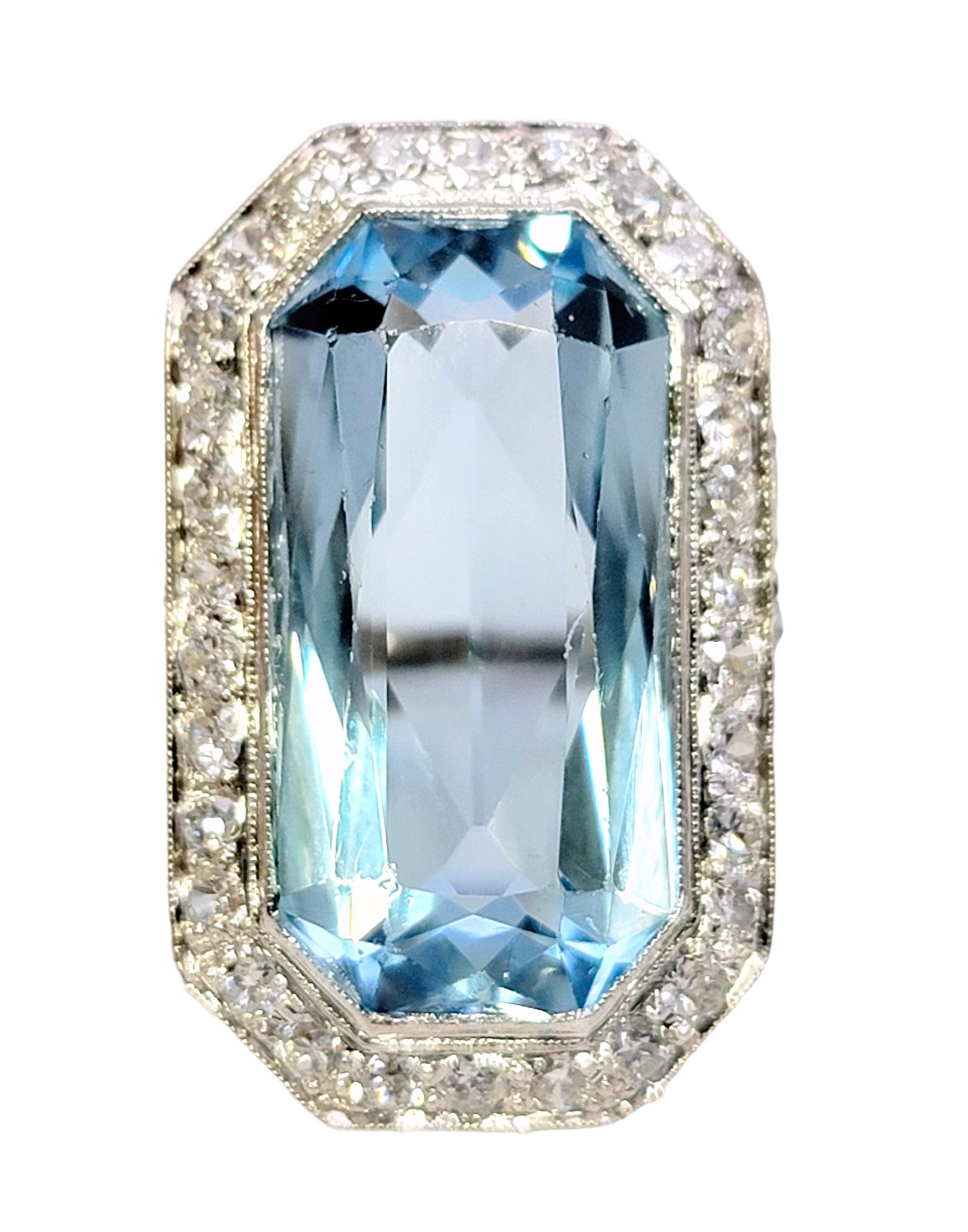 Women's Art Deco 1920s Radiant Cut Aquamarine and Diamond Cocktail Ring in Platinum