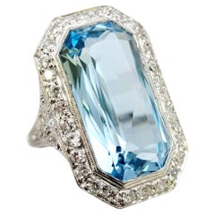 Art Deco 1920s Radiant Cut Aquamarine and Diamond Cocktail Ring in Platinum