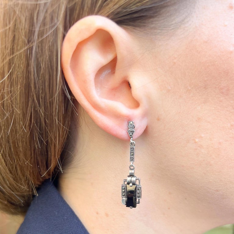 Vintage Art Deco Style Sterling Silver Marcasite Onyx Dangle  Vintage Sterling silver Art Deco earrings with marcasite and black glass panels main image 2