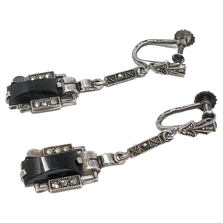 Vintage Art Deco Style Sterling Silver Marcasite Onyx Dangle  Vintage Sterling silver Art Deco earrings with marcasite and black glass panels main image 1