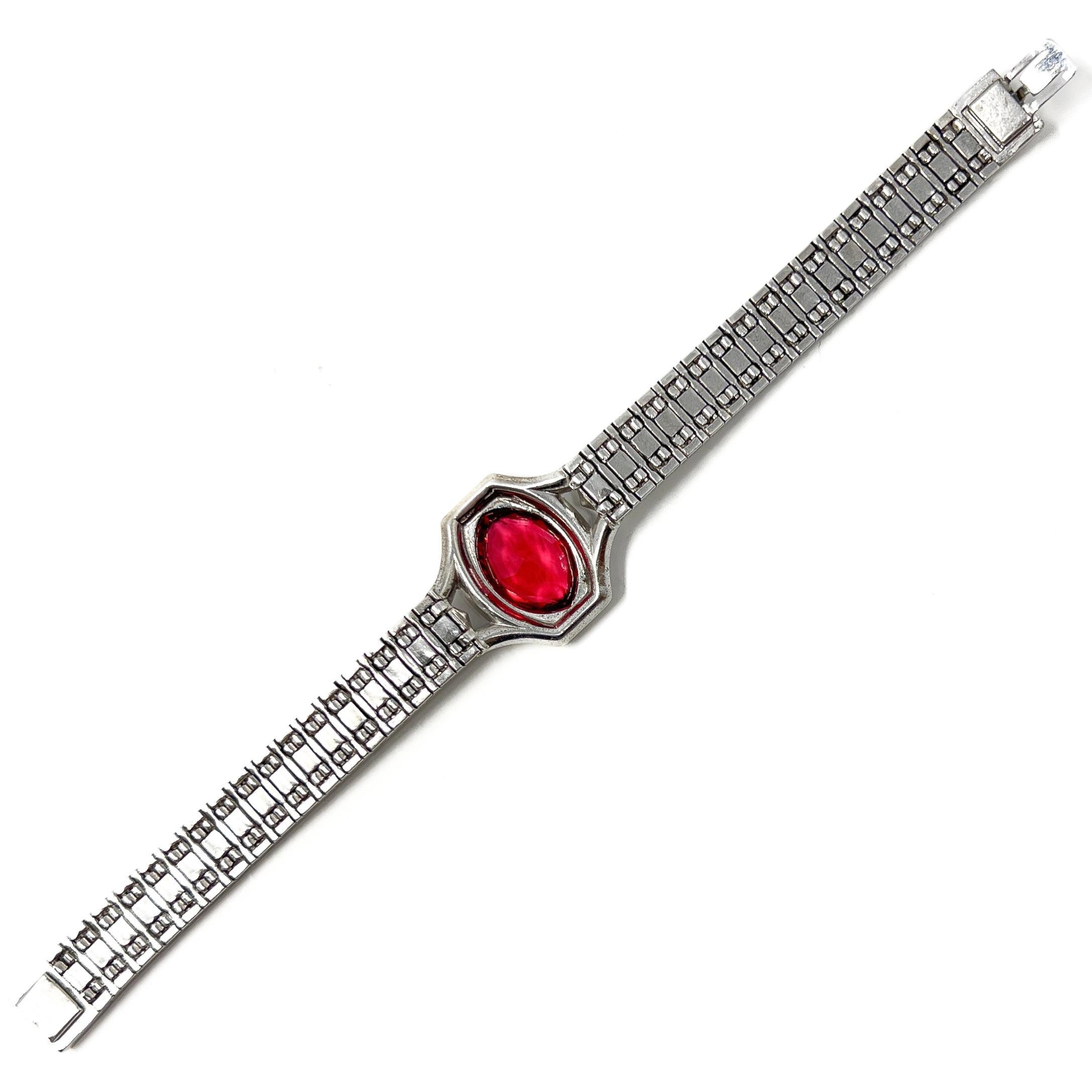 Bracciale vintage Art Deco 1920 in sterlina, pasta e vetro rosso in vendita 4