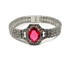 Art Deco 1920s Sterling, Paste and Red Glass Antique Bracelet