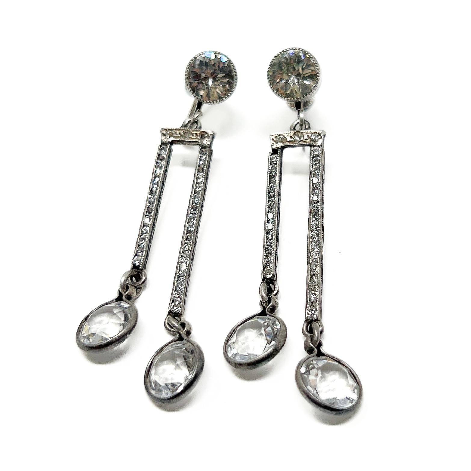 Women's Art Deco 1920s Sterling Silver, Crystal and Paste Vintage Drop Earrings For Sale