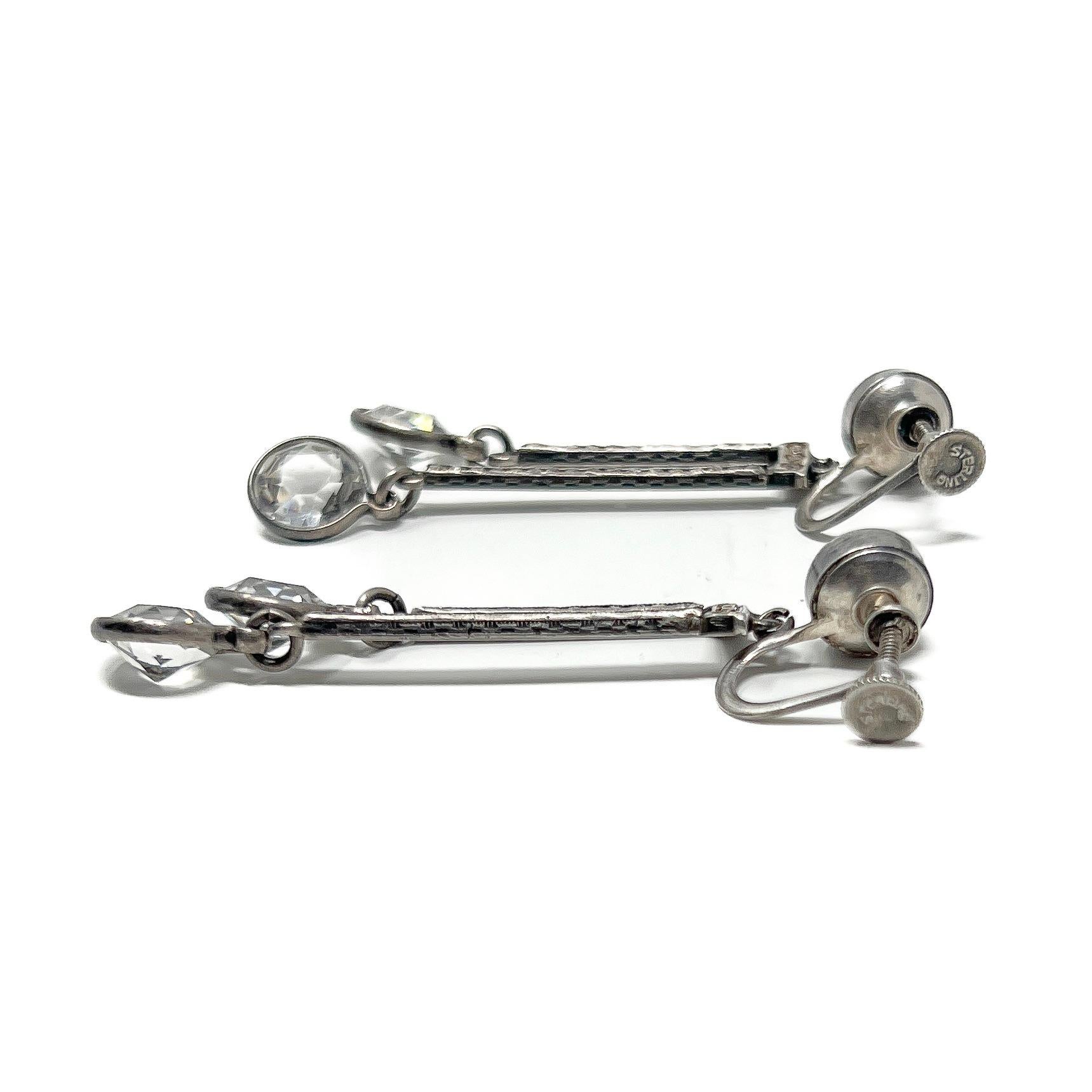 Art Deco 1920s Sterling Silver, Crystal and Paste Vintage Drop Earrings For Sale 2