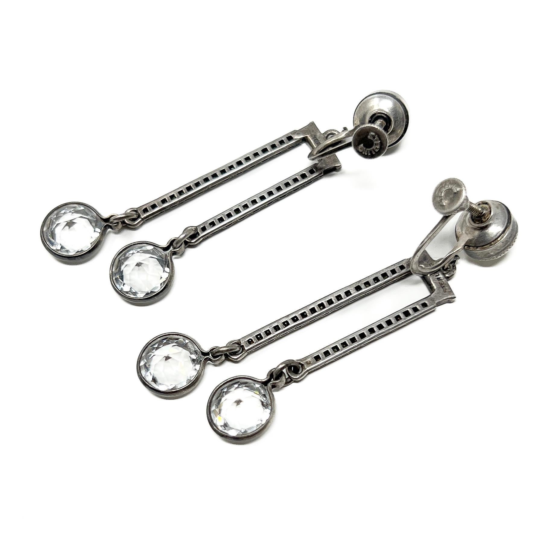 Art Deco 1920s Sterling Silver, Crystal and Paste Vintage Drop Earrings For Sale 3