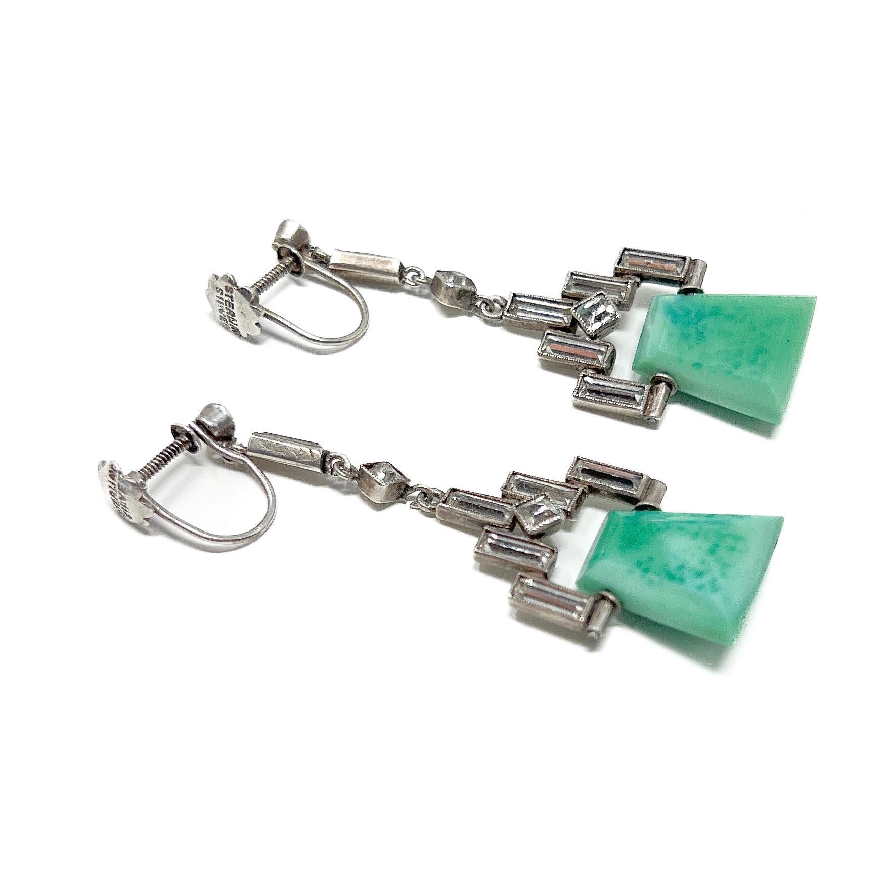 Art Deco 1920s Sterling Silver, Paste and Green Glass Vintage Drop Earrings For Sale 1