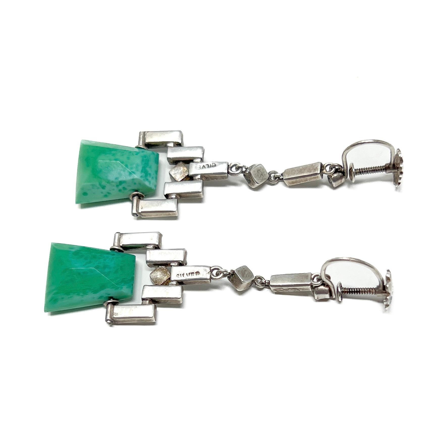 Art Deco 1920s Sterling Silver, Paste and Green Glass Vintage Drop Earrings For Sale 2