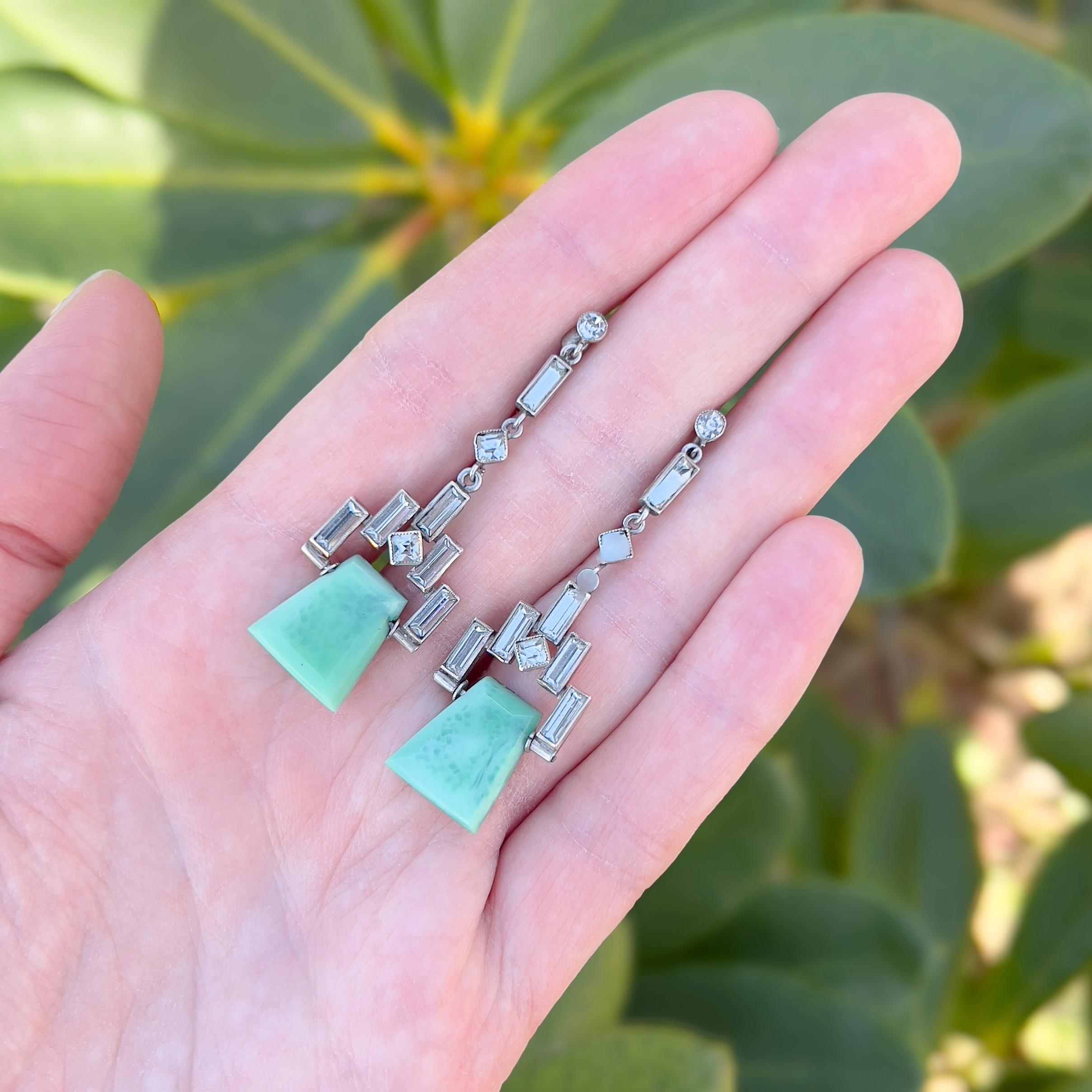 Art Deco 1920s Sterling Silver, Paste and Green Glass Vintage Drop Earrings For Sale 3