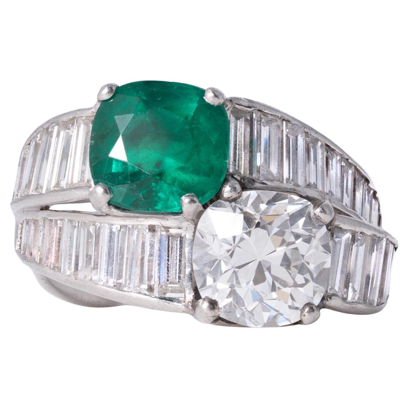 Art Deco 1920er Tiffany & Co. GIA zertifizierter Diamant & Smaragd Toi Et Moi Ring