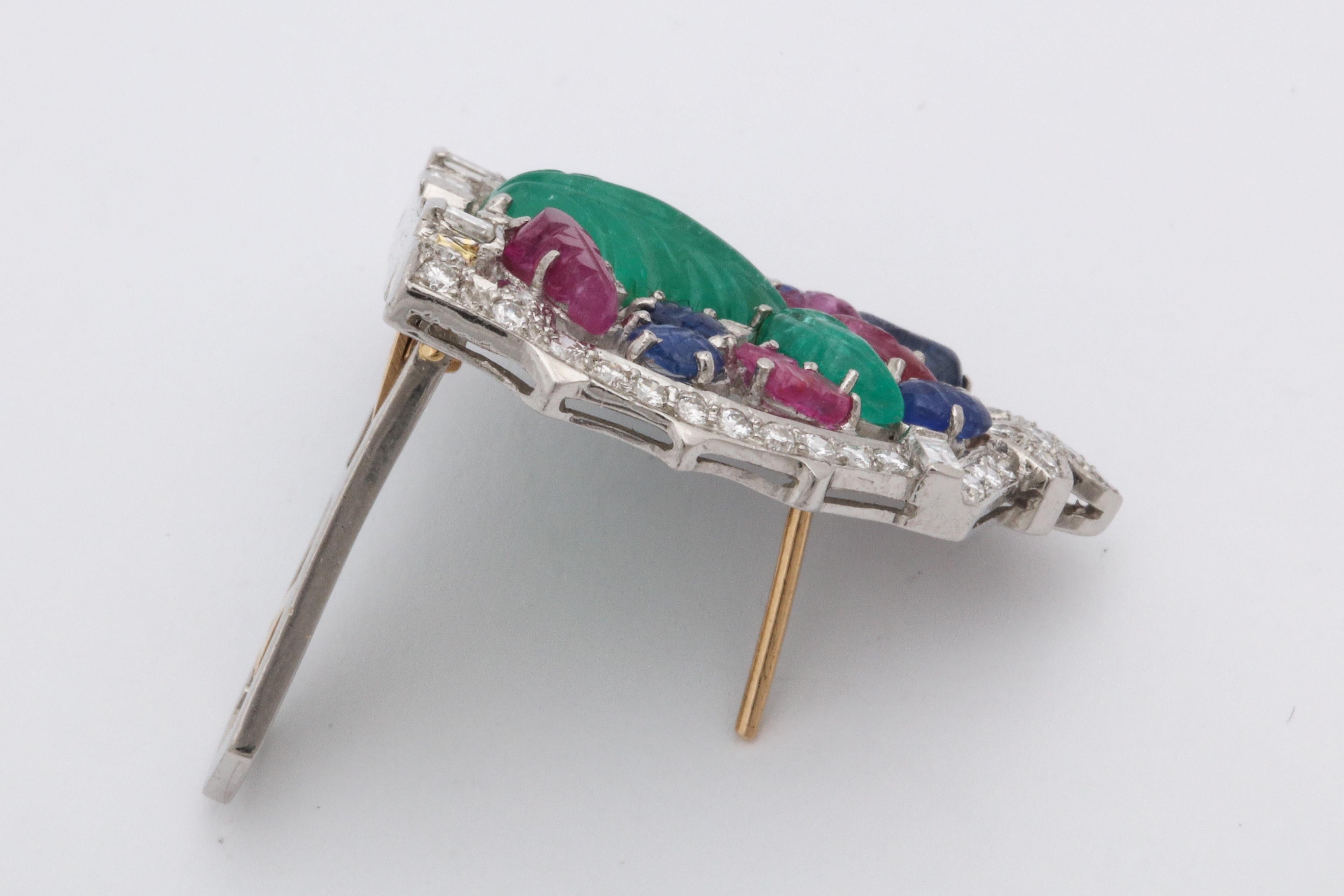 Women's Art Deco 1920s Tutti Frutti Carved Emerald, Ruby Sapphire and Diamonds Earclips For Sale