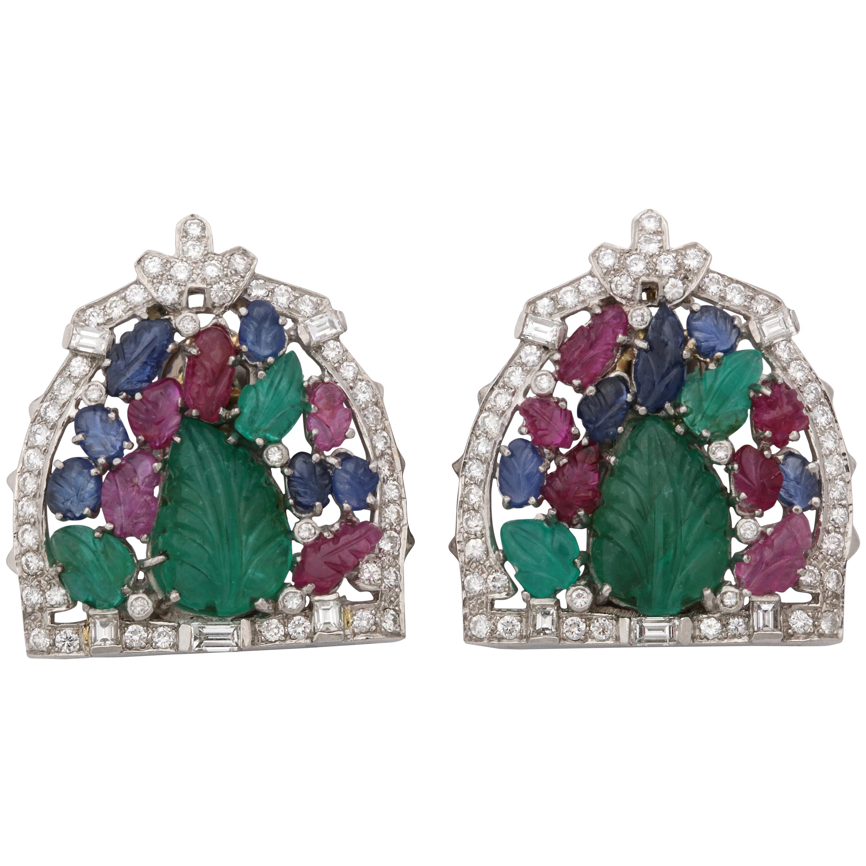 Art Deco 1920s Tutti Frutti Carved Emerald, Ruby Sapphire and Diamonds Earclips For Sale