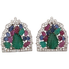 Art Deco 1920s Tutti Frutti Carved Emerald, Ruby Sapphire and Diamonds Earclips