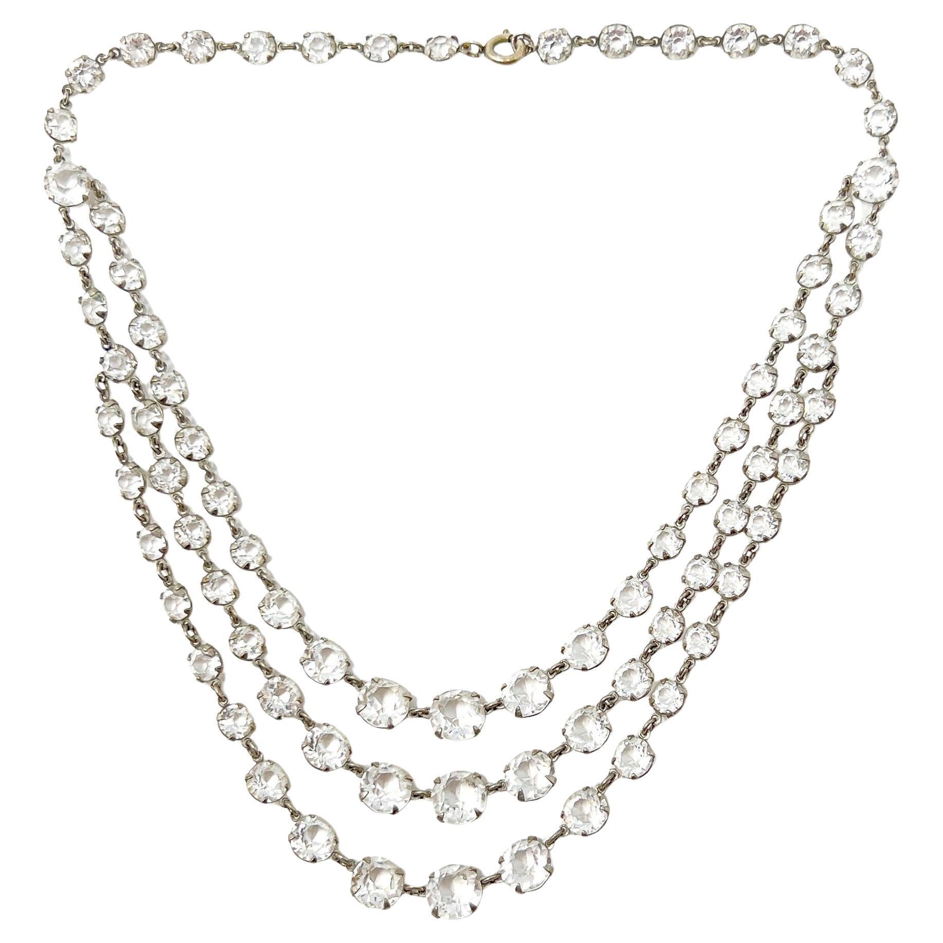 Art Deco 1920s Vintage Triple Strand Crystal Necklace For Sale