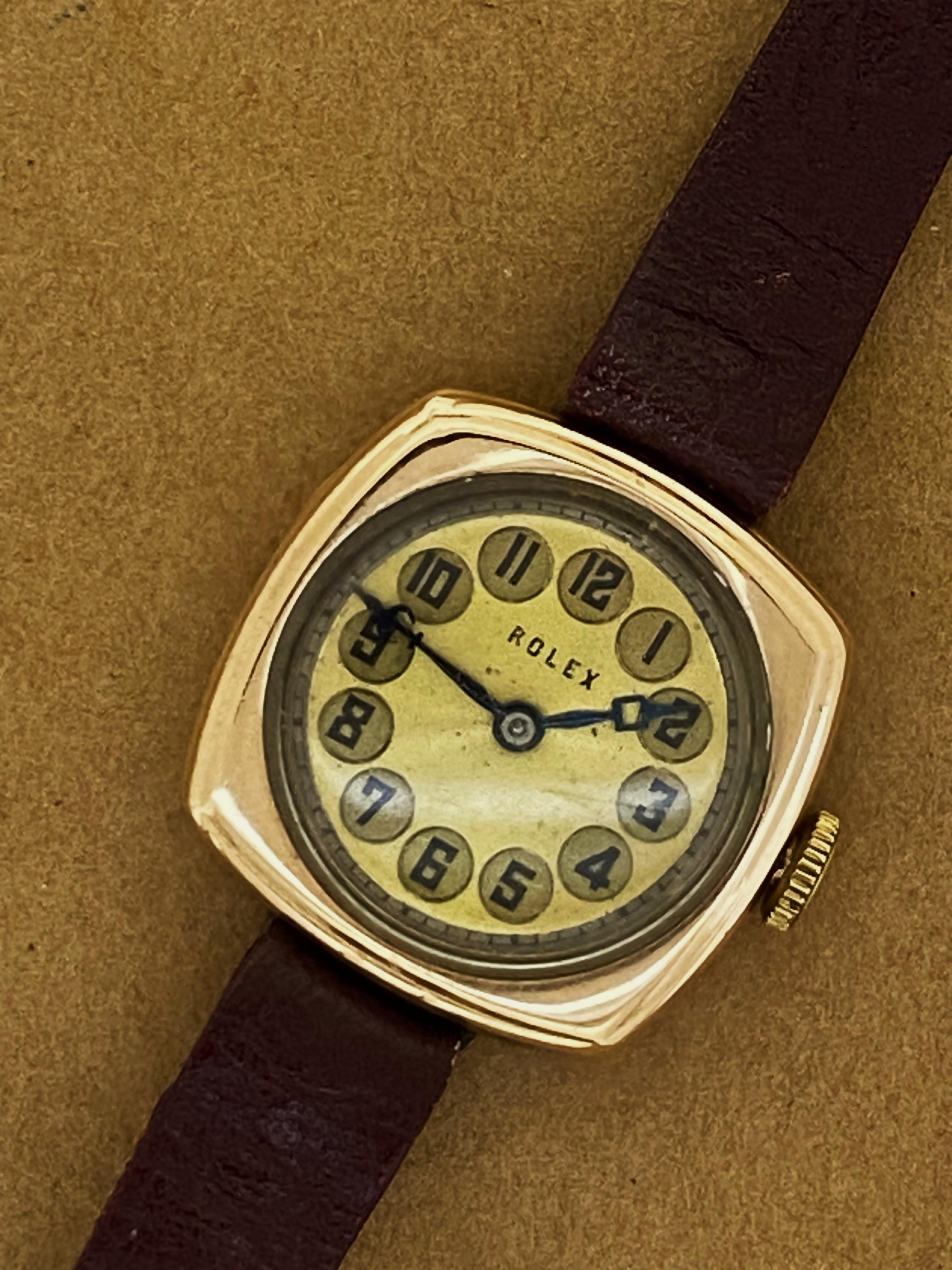 Art Deco Art-Deco 1924 Rolex ref 2363 9K Rose Gold 25mm Hinged Cushion Case Ladies' Watch For Sale