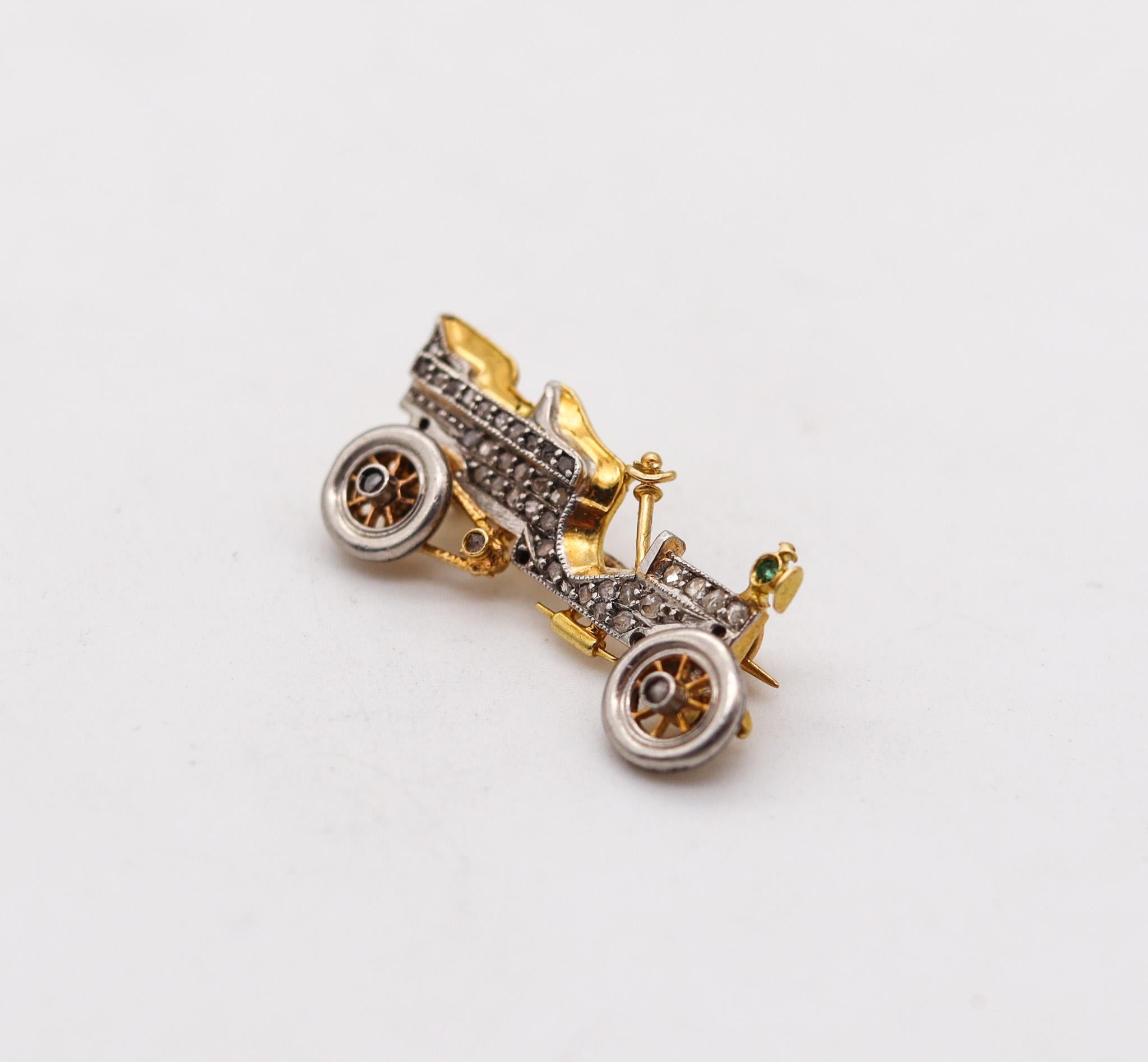 Art Deco car brooch with gemstones.

Beautiful antique car miniature brooch, created in America during the art deco period, back in the 1925. This little piece has been crafted with excellent details in solid yellow gold of 18 karats and parts in