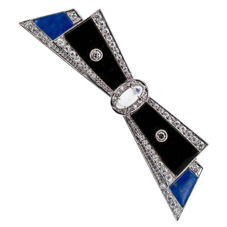 Women's or Men's Art Deco 1925 Bow Brooch Diamond Lapis Moonstone Onyx Platinum