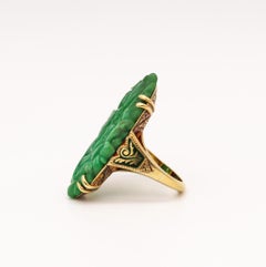 Art Deco 1925 Chinoiserie Enameled Oval Ring In 14Kt Gold With Carved Jadeite