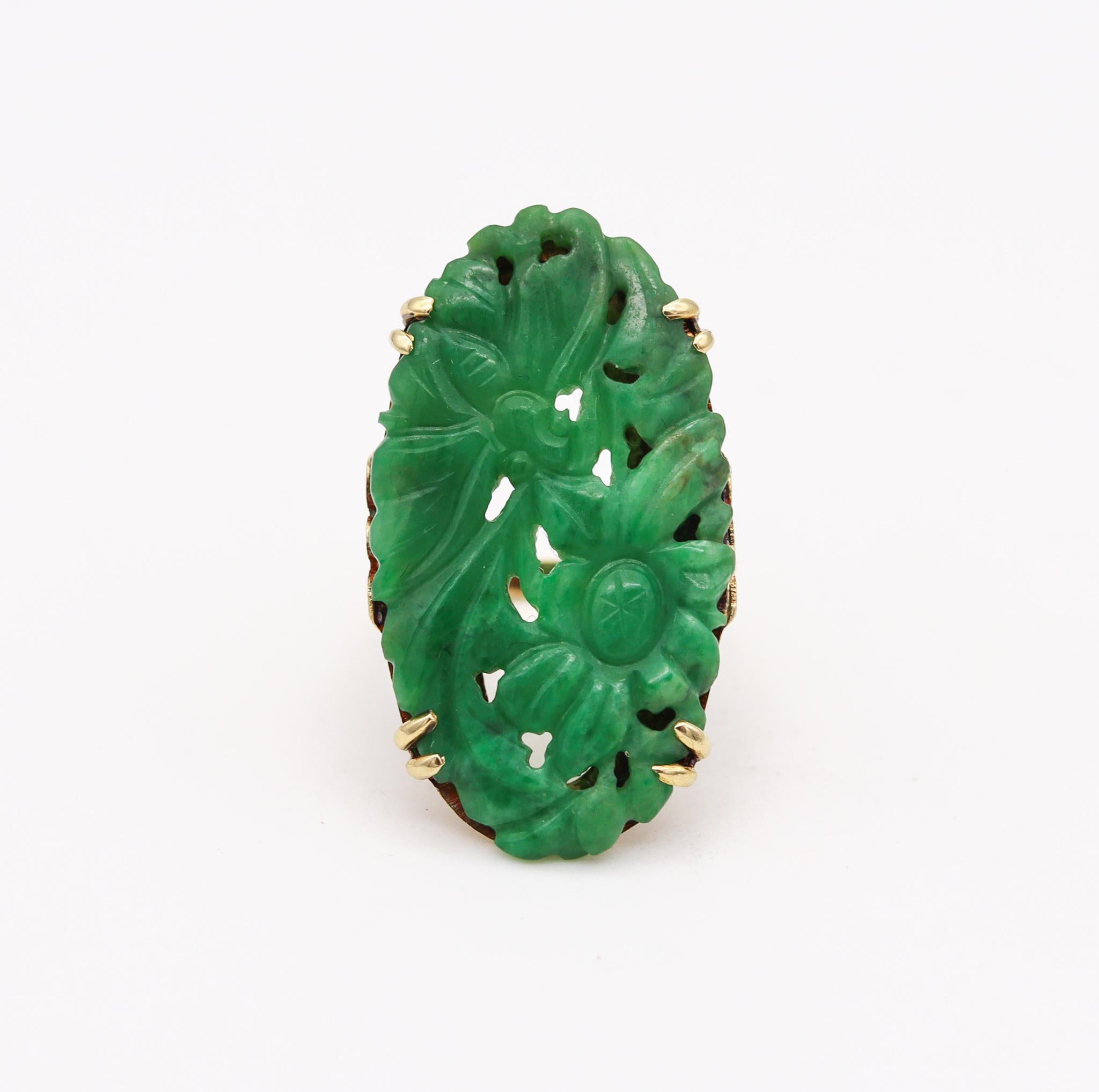 Oval Cut Art Deco 1925 Chinoiserie Enameled Oval Ring In 14Kt Gold With Carved Jadeite For Sale