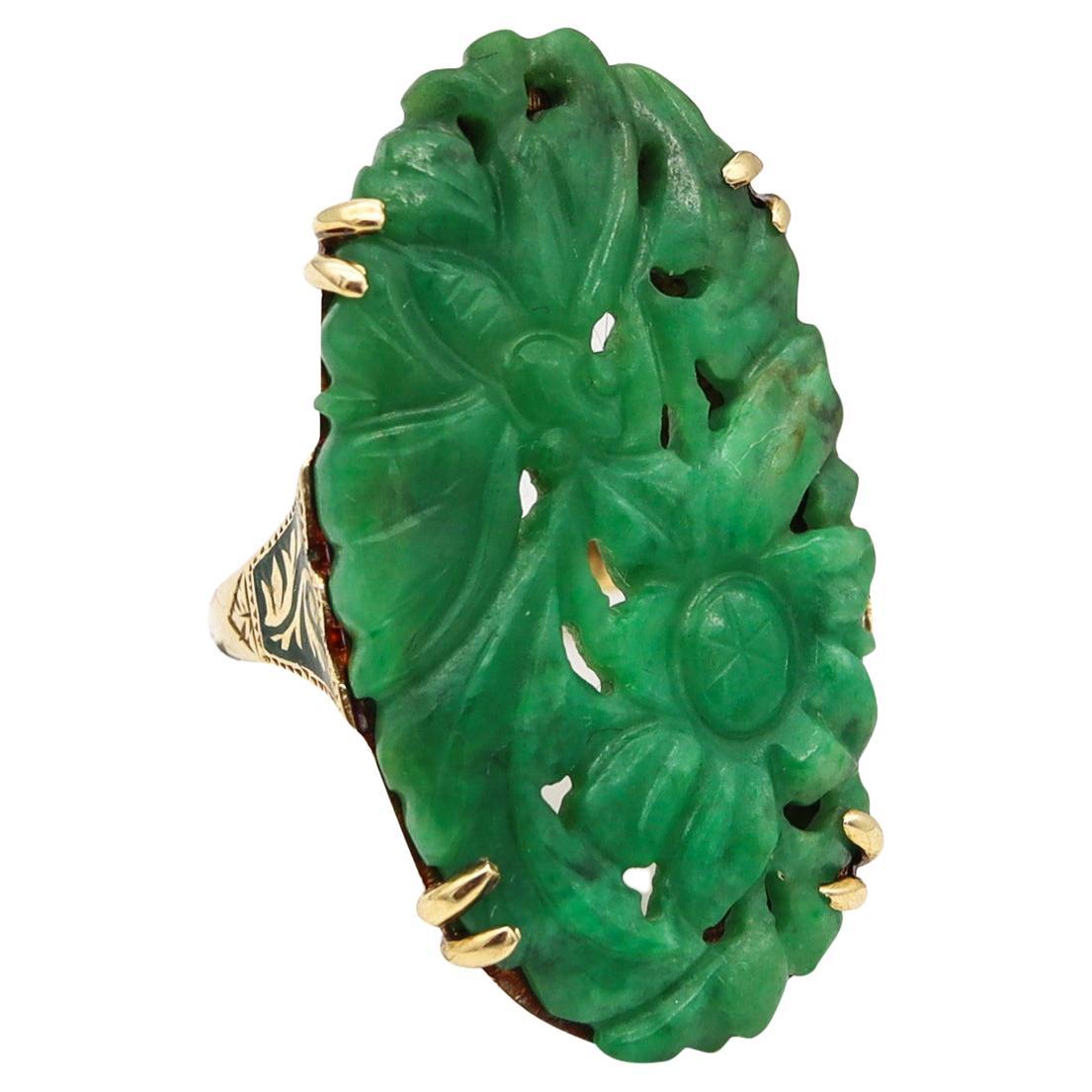 Art Deco 1925 Chinoiserie Enameled Oval Ring In 14Kt Gold With Carved Jadeite For Sale
