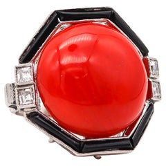 Art Deco 1925 Coral Cocktail Ring in Platinum with Carre Cut Diamonds and Onyx