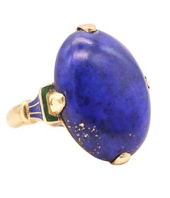 ART DECO 1925 Egyptian Revival Enameled Ring 14Kt Yellow Gold With Lapis Lazuli