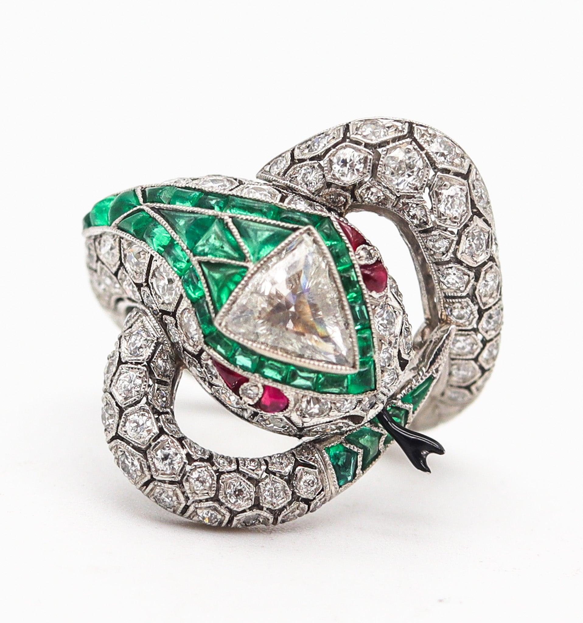 Old European Cut ART DECO 1925 Fabulous Snake Ring In Platinum And 6.47 Ctw Diamonds & Emeralds