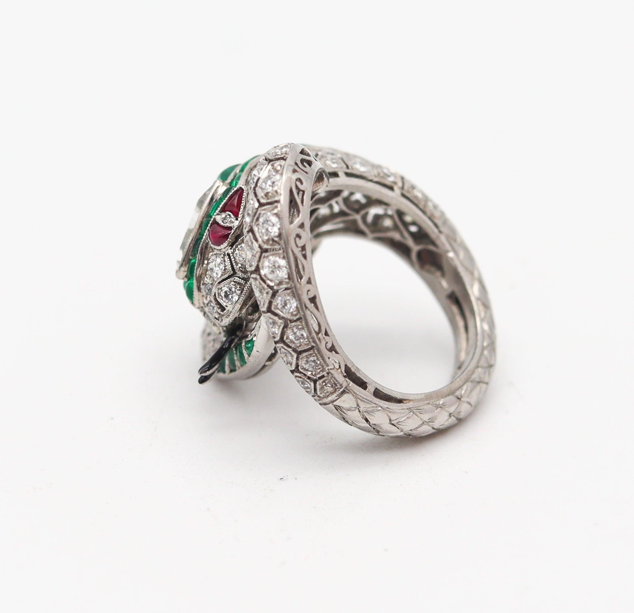 Women's ART DECO 1925 Fabulous Snake Ring In Platinum And 6.47 Ctw Diamonds & Emeralds